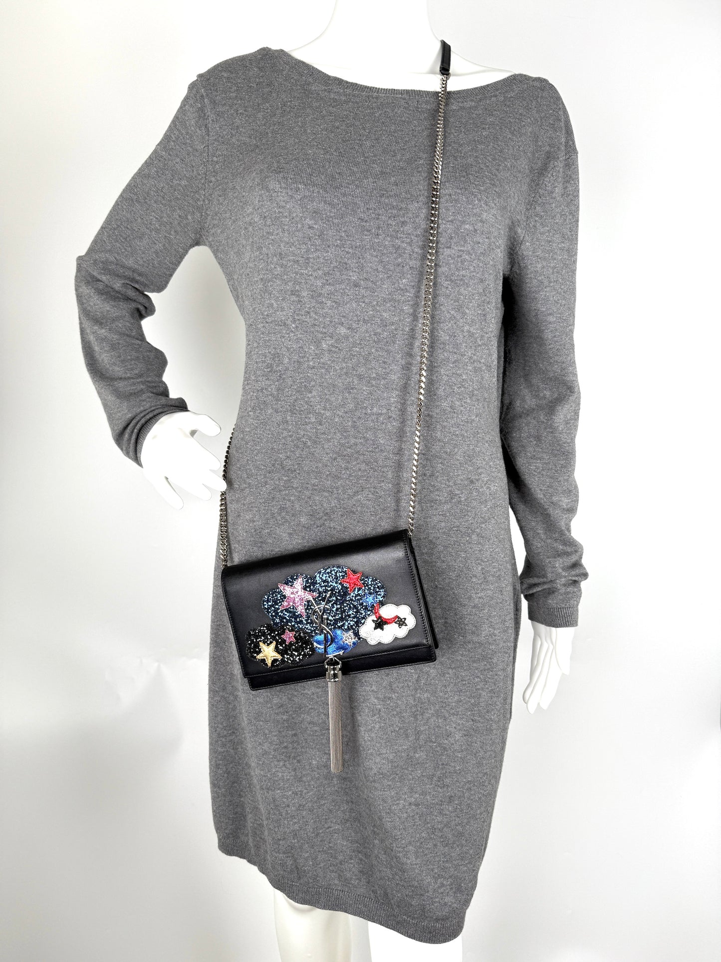 SAINT LAURENT Cloud Star Glitter YSL Monogram Kate Tassel Chain Crossbody Clutch Wallet on Chain Bag 