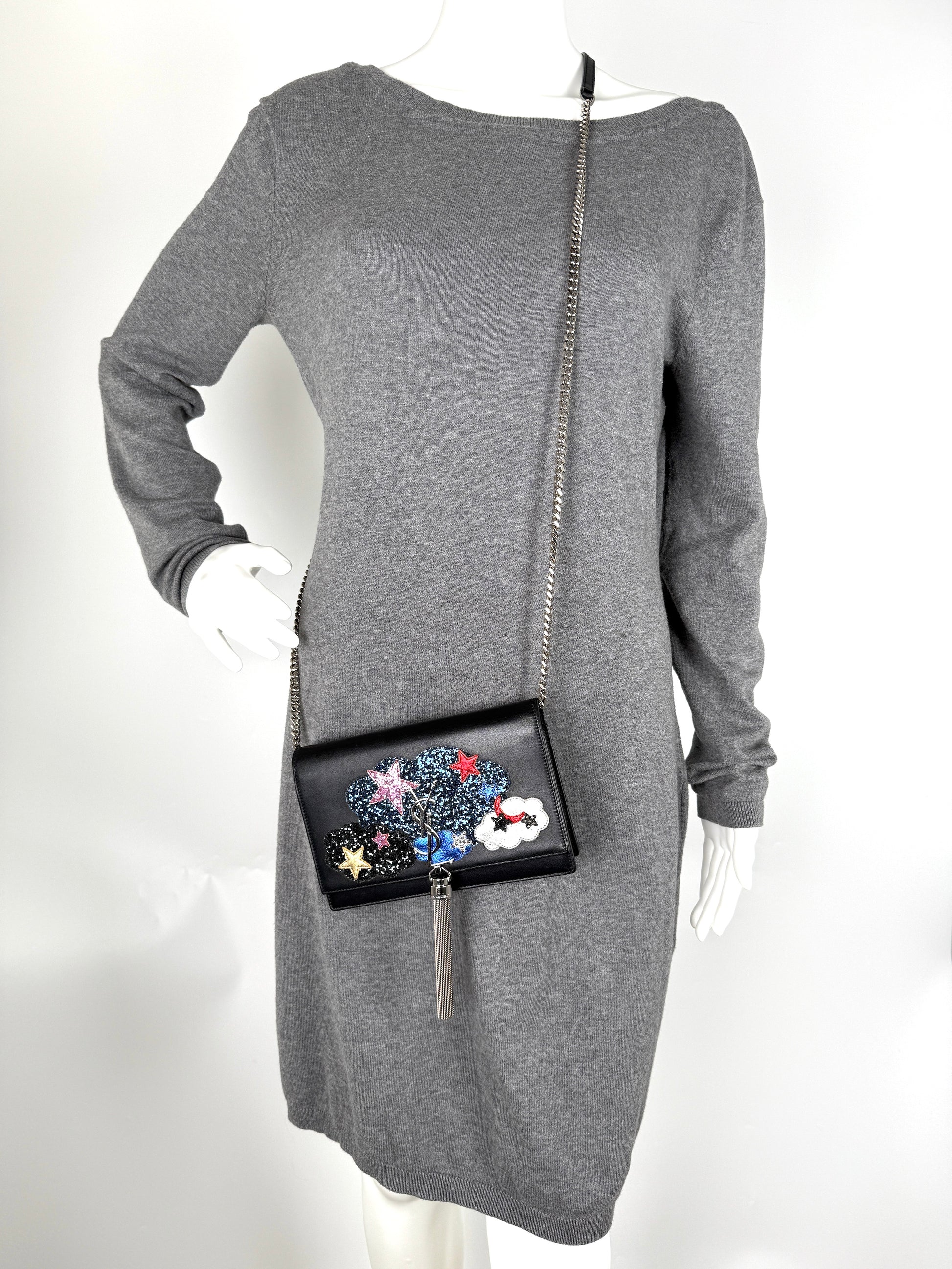 SAINT LAURENT Cloud Star Glitter YSL Monogram Kate Tassel Chain Crossbody Clutch Wallet on Chain Bag 