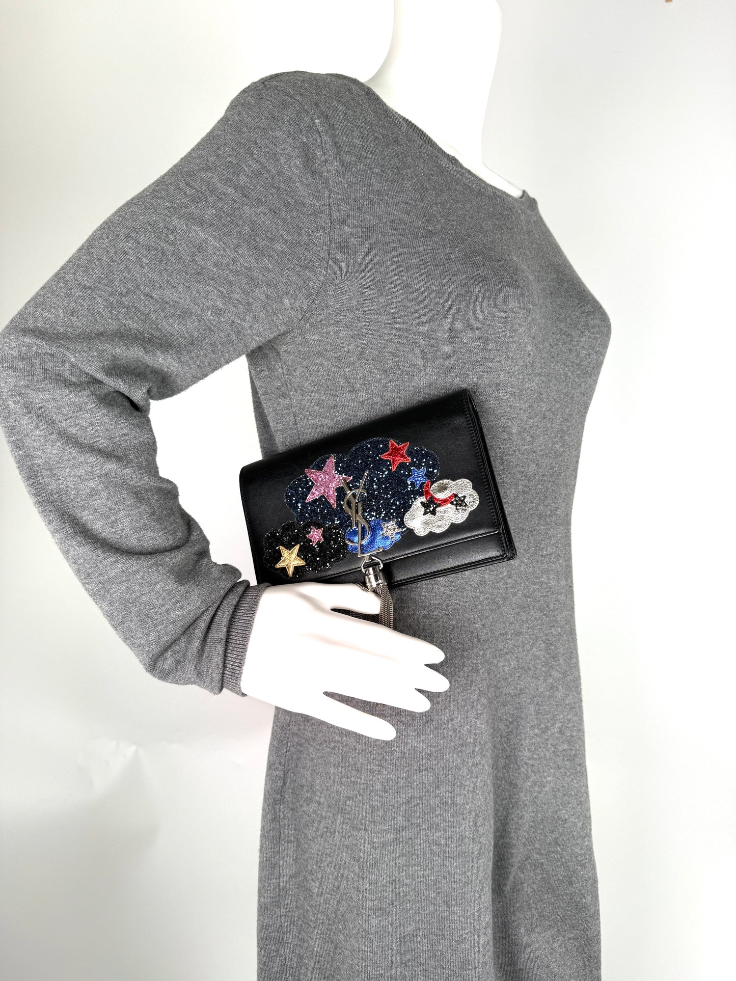 SAINT LAURENT Cloud Star Glitter YSL Monogram Kate Tassel Chain Crossbody Clutch Wallet on Chain Bag 