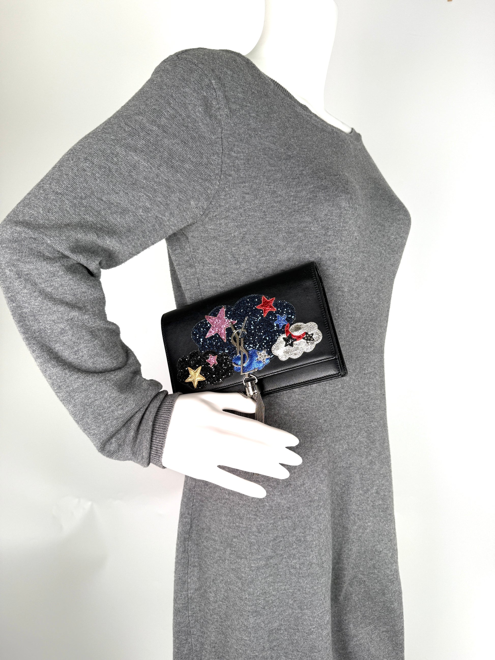 SAINT LAURENT Cloud Star Glitter YSL Monogram Kate Tassel Chain Crossbody Clutch Wallet on Chain Bag 