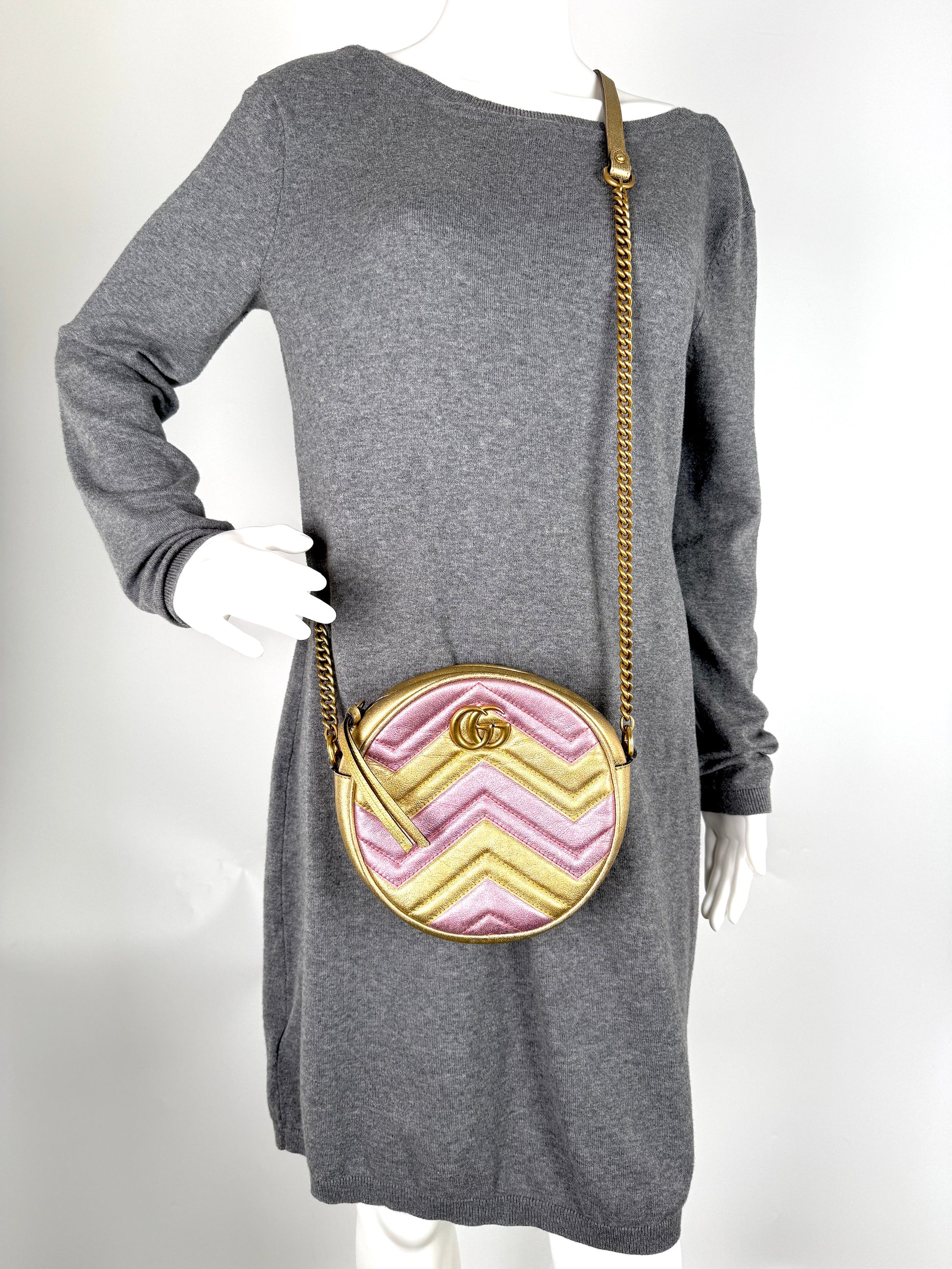 GUCCI Marmont Gold Pink Metallic Circle Crossbody Chain Bag