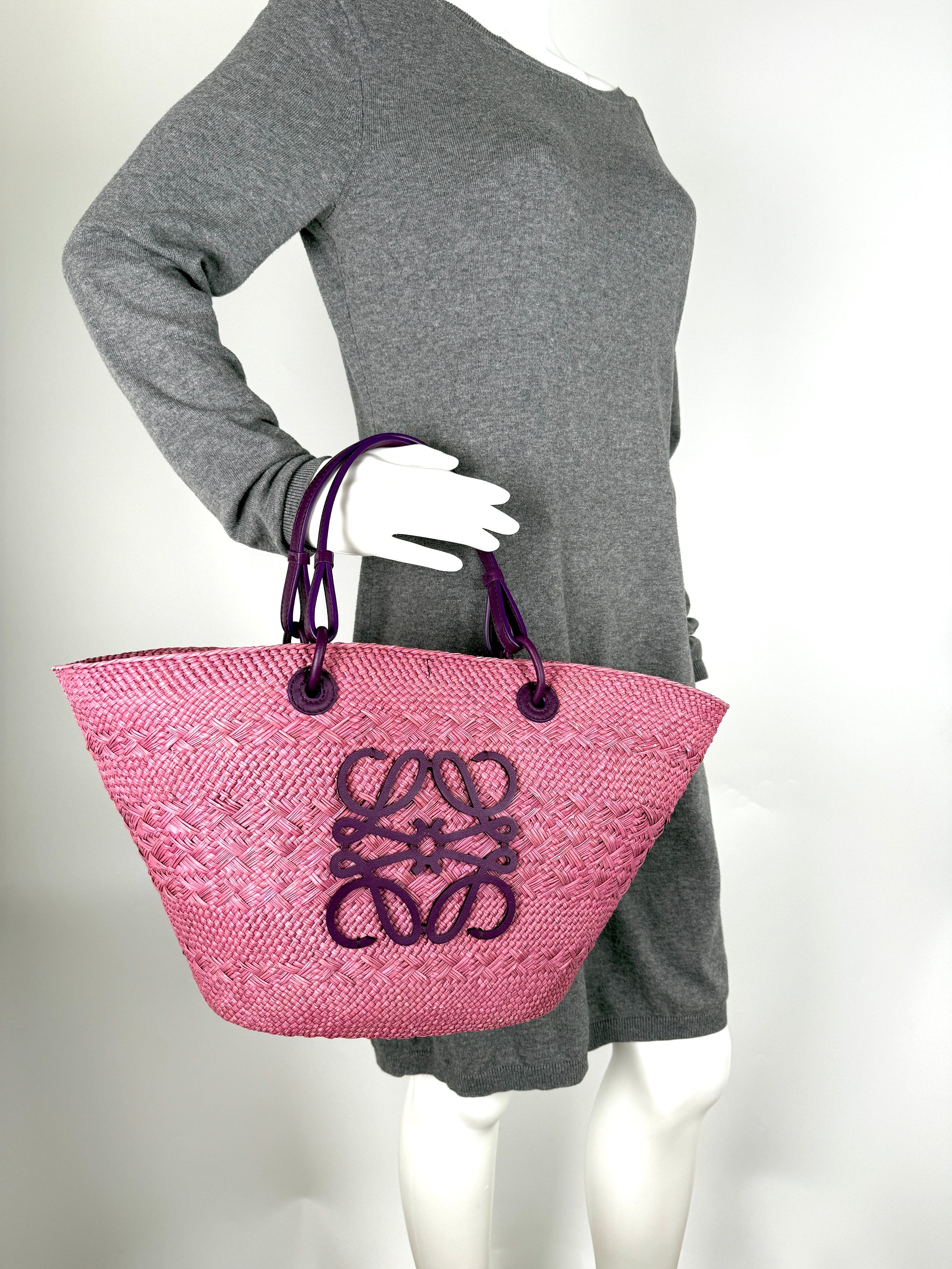LOEWE Anagram Basket Medium Iraca Palm Leather Purple Pink Tote