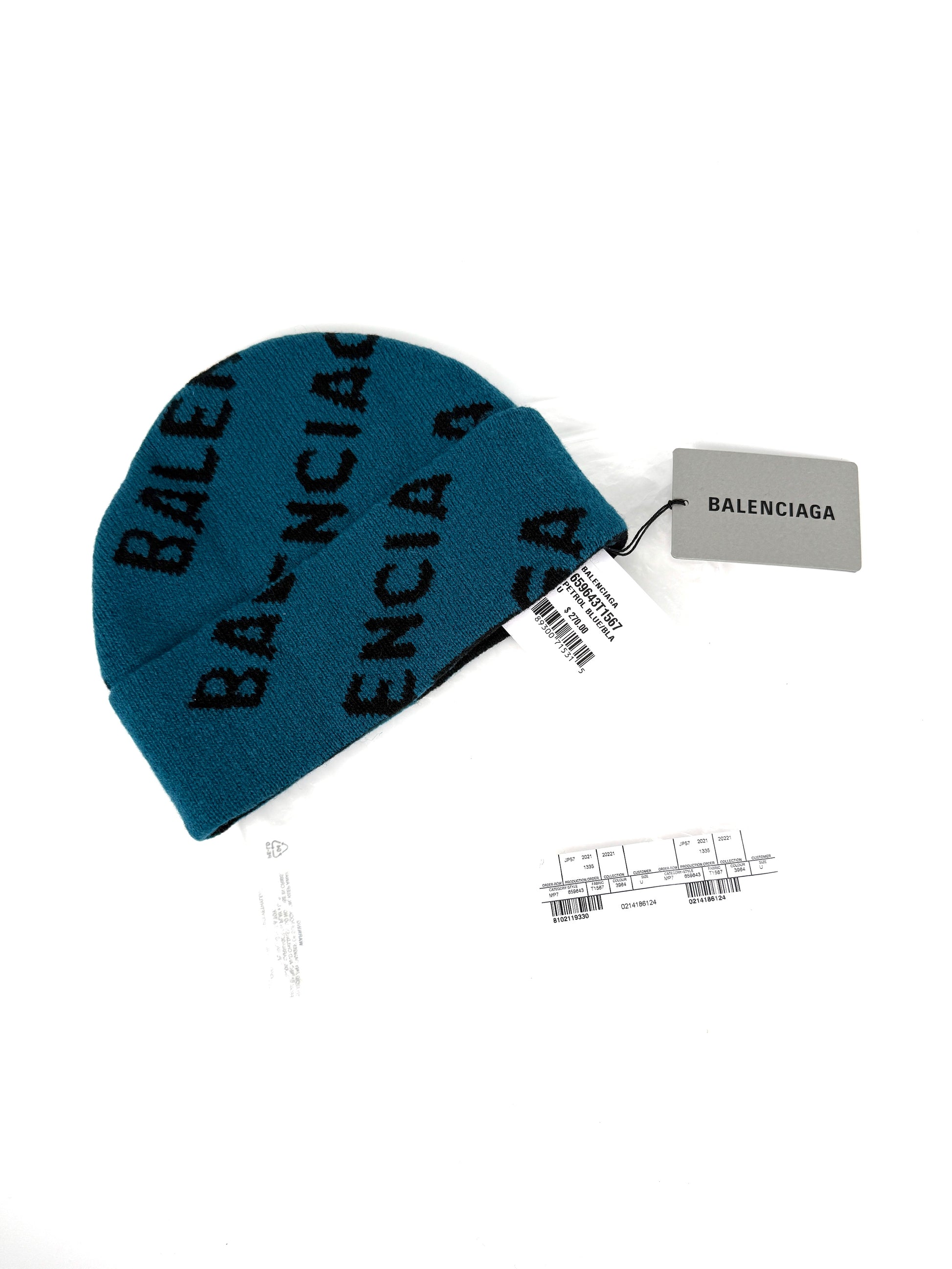 BALENCIAGA Beanie Wool Unisex Logo Blue Black Hat New with tags