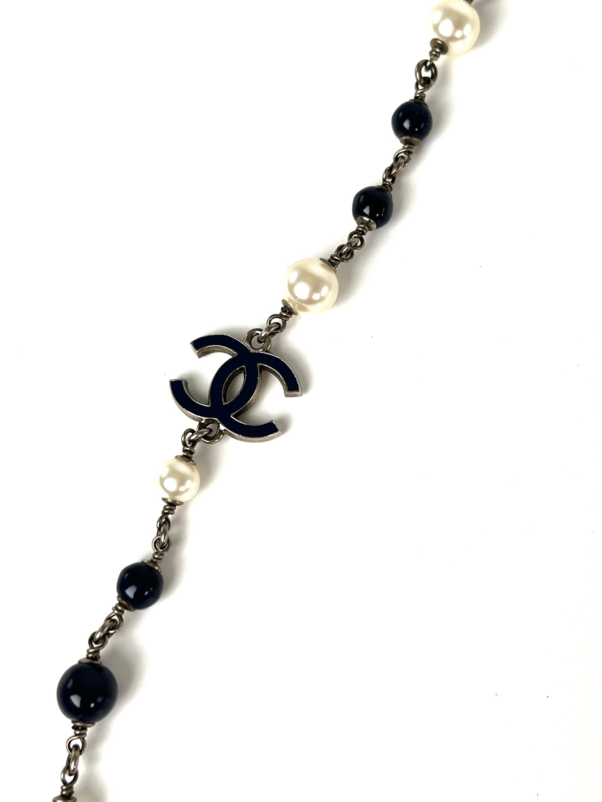 CHANEL Faux Pearl Navy CC Station Bead Long Necklace