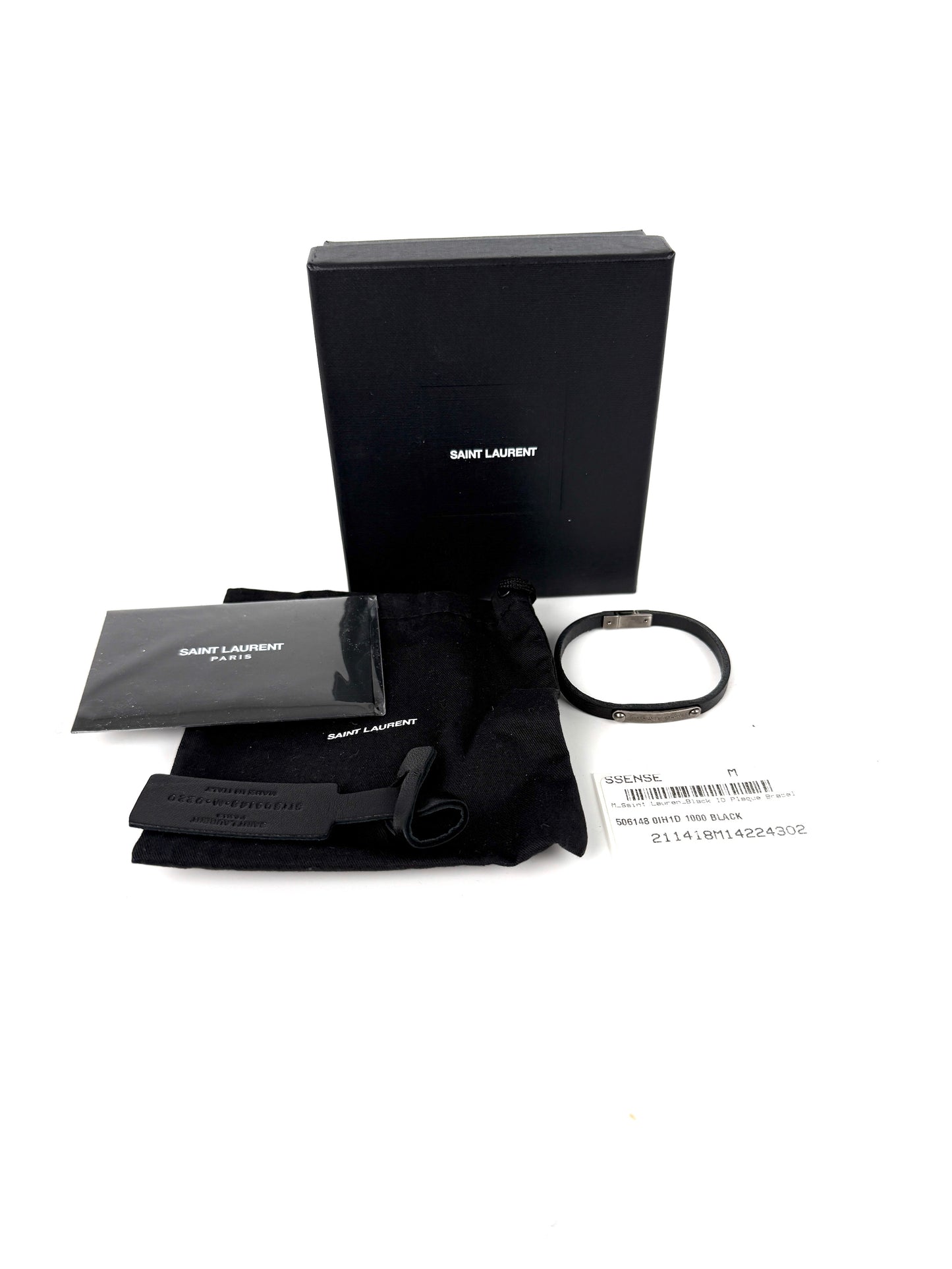 SAINT LAURENT ID Plaque Wrap Black Leather Bracelet M