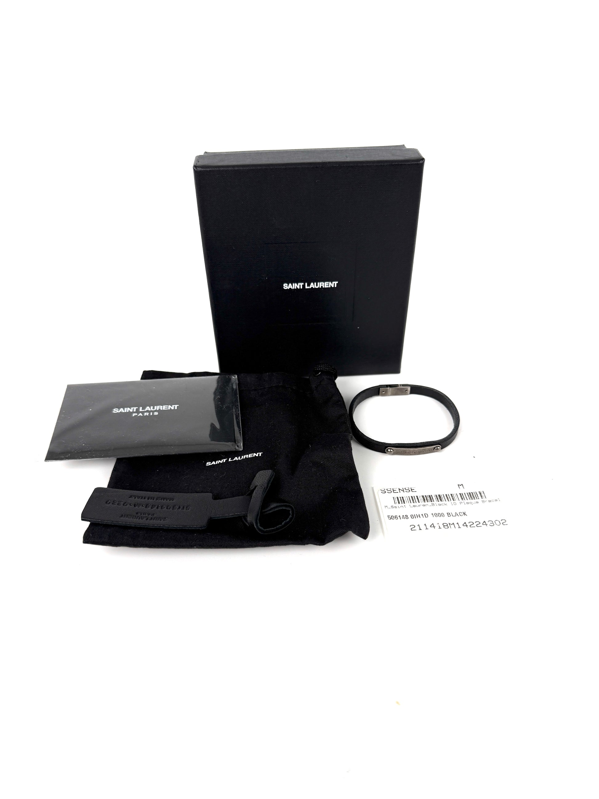 SAINT LAURENT ID Plaque Wrap Black Leather Bracelet M