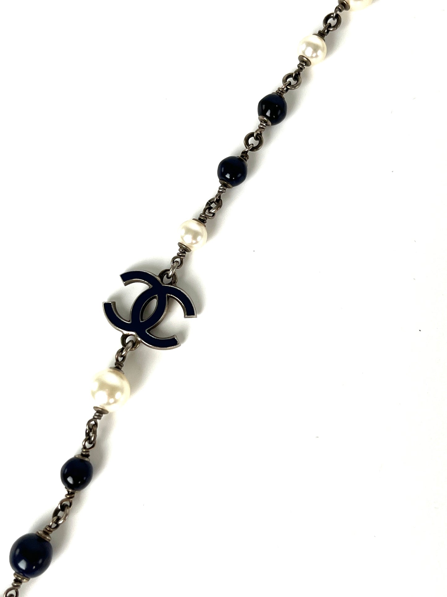 CHANEL Faux Pearl Navy CC Station Bead Long Necklace