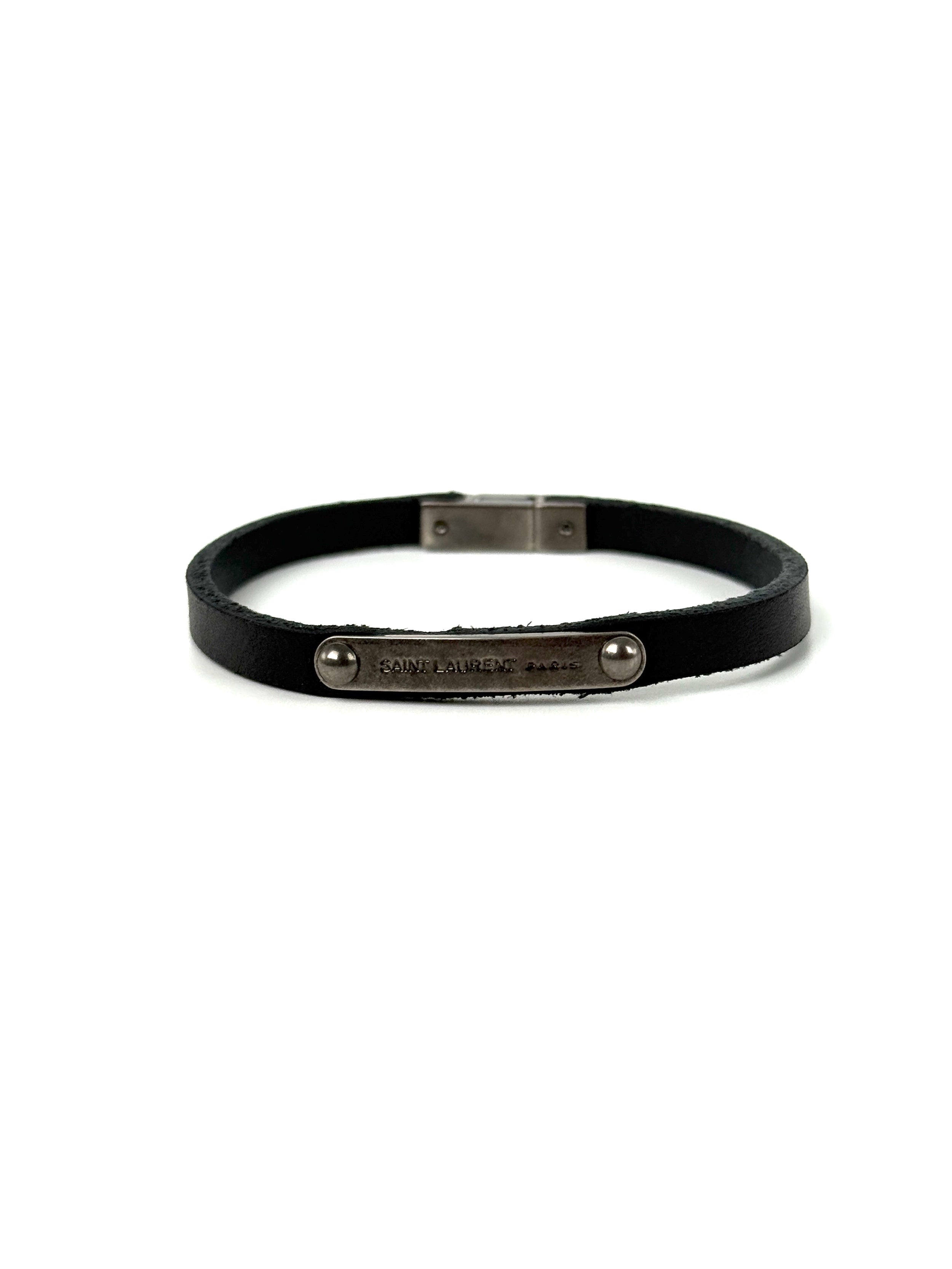 SAINT LAURENT ID Plaque Wrap Black Leather Bracelet M – Fashion