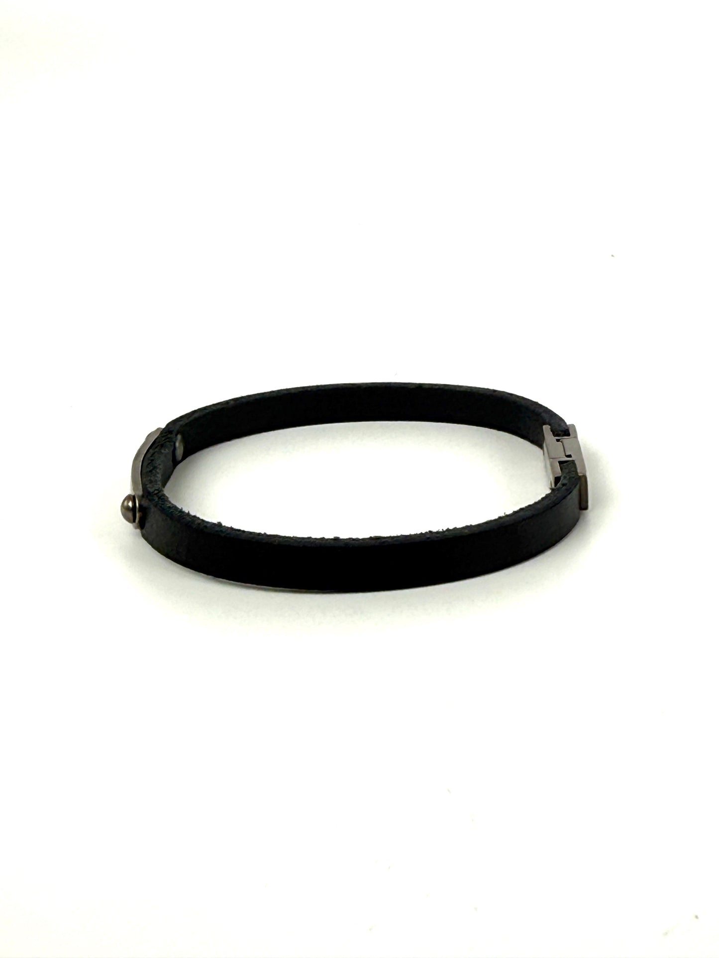 SAINT LAURENT ID Plaque Wrap Black Leather Bracelet M