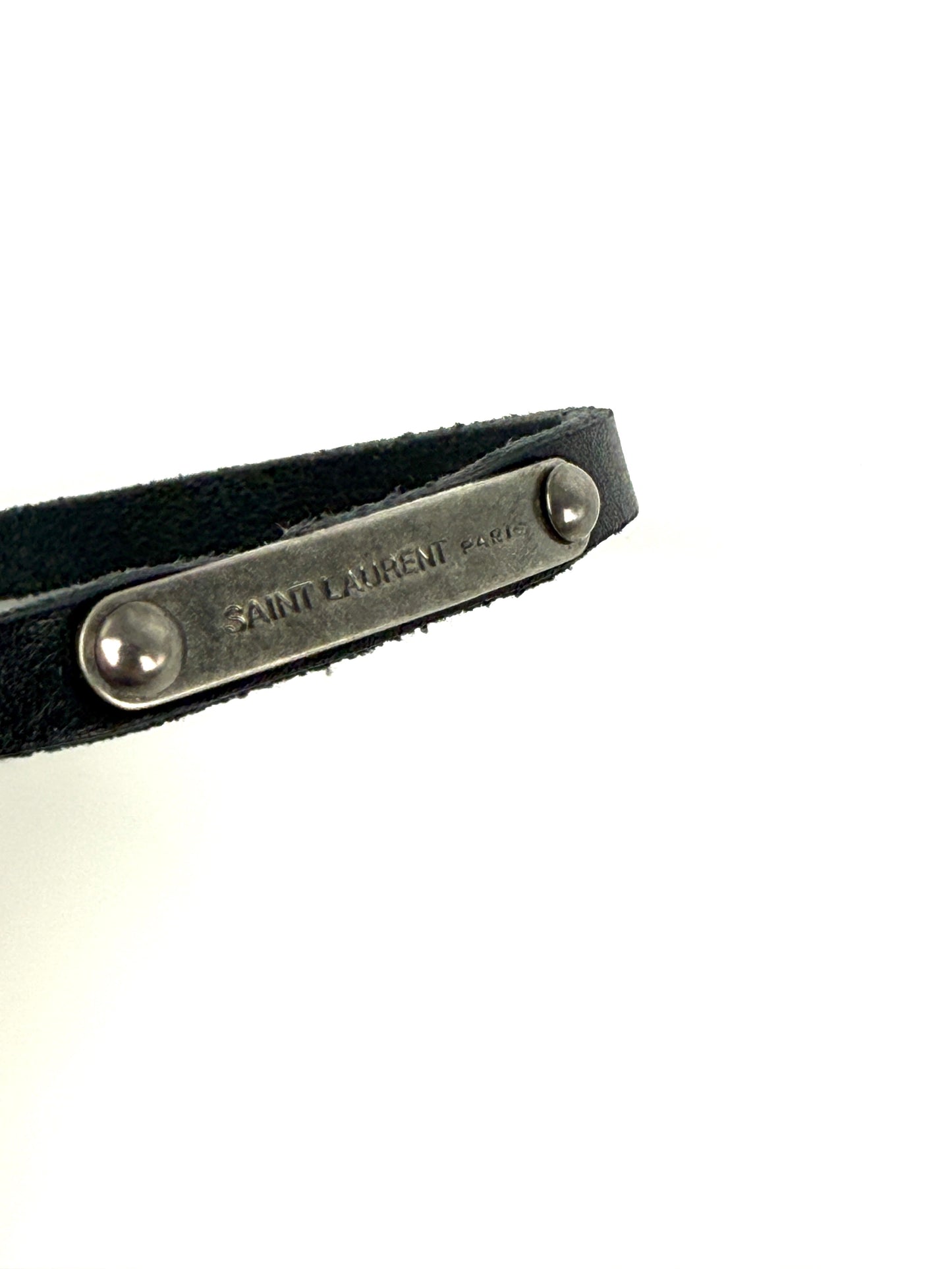 SAINT LAURENT ID Plaque Wrap Black Leather Bracelet M