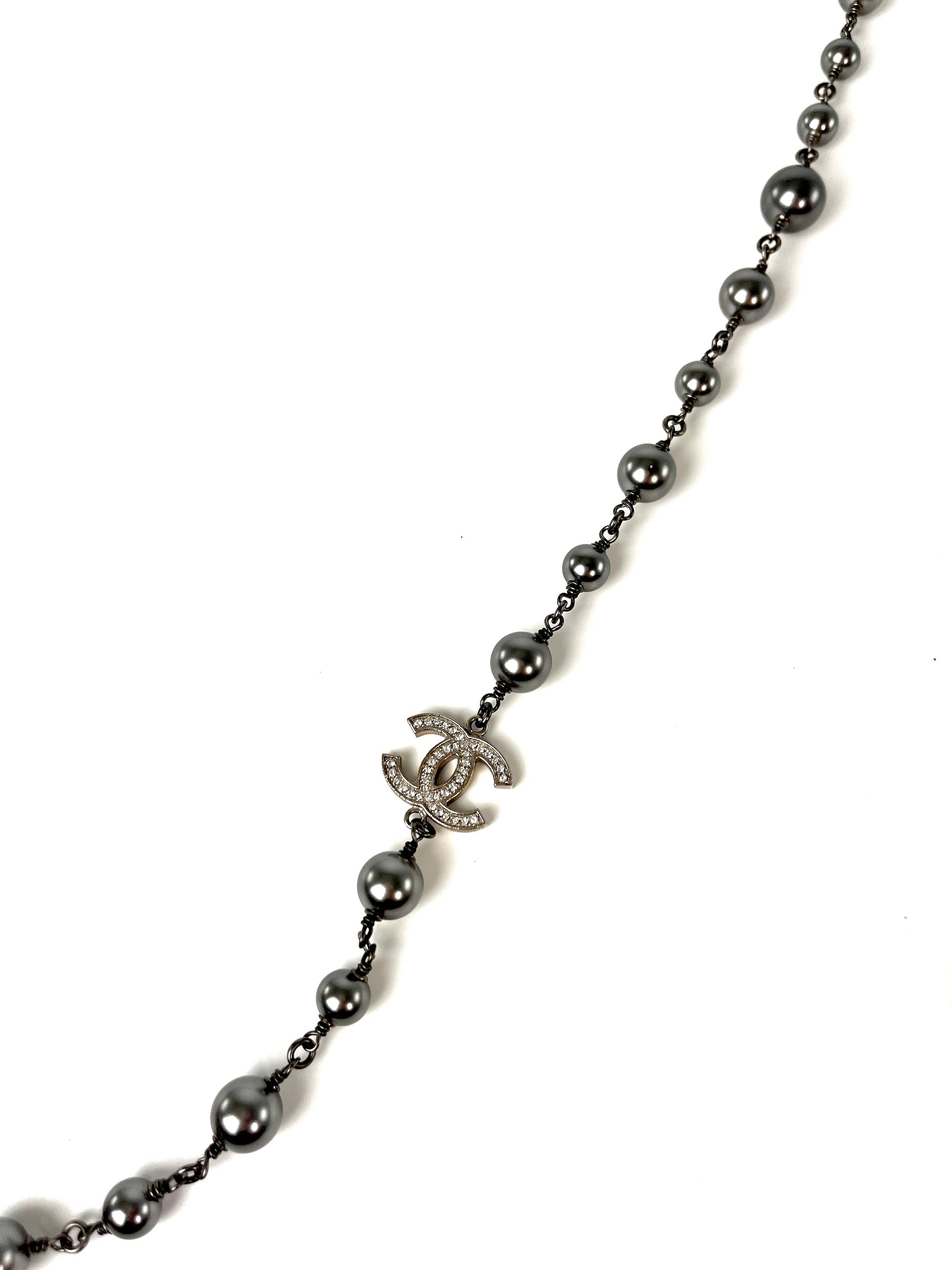 CHANEL Gray Faux Pearl Strass CC Station Long Necklace