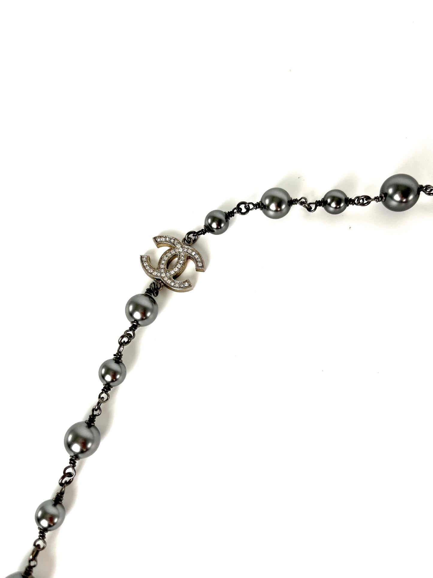 CHANEL Gray Faux Pearl Strass CC Station Long Necklace