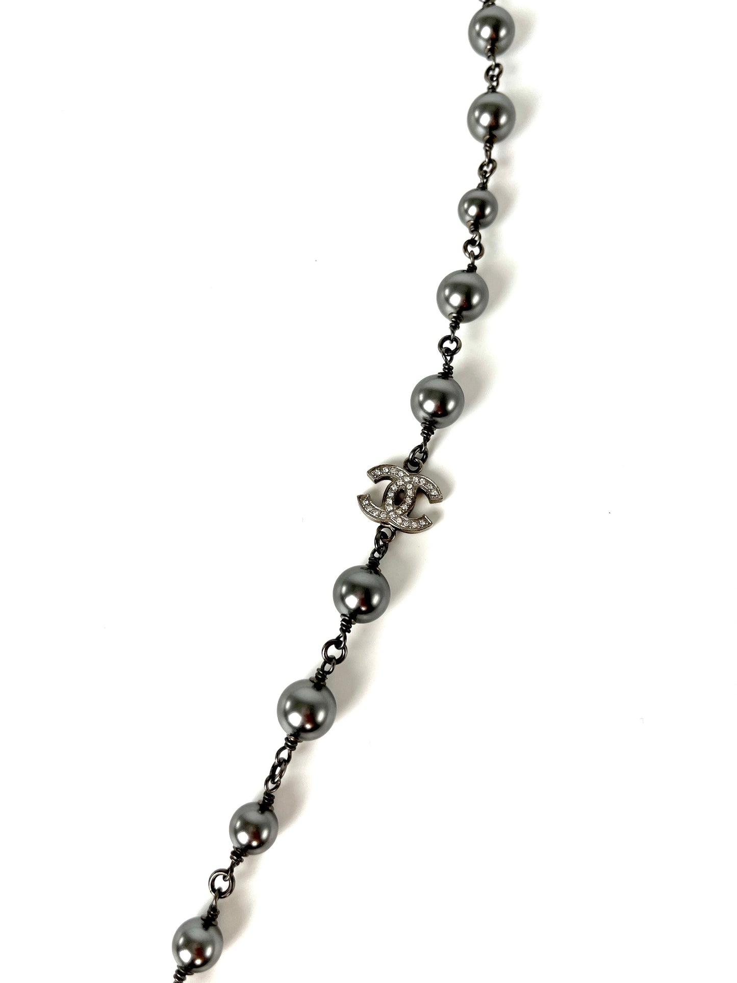 CHANEL Gray Faux Pearl Strass CC Station Long Necklace