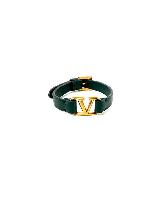 VALENTINO Leather Logo Wrap Green Gold Hardware Bracelet 