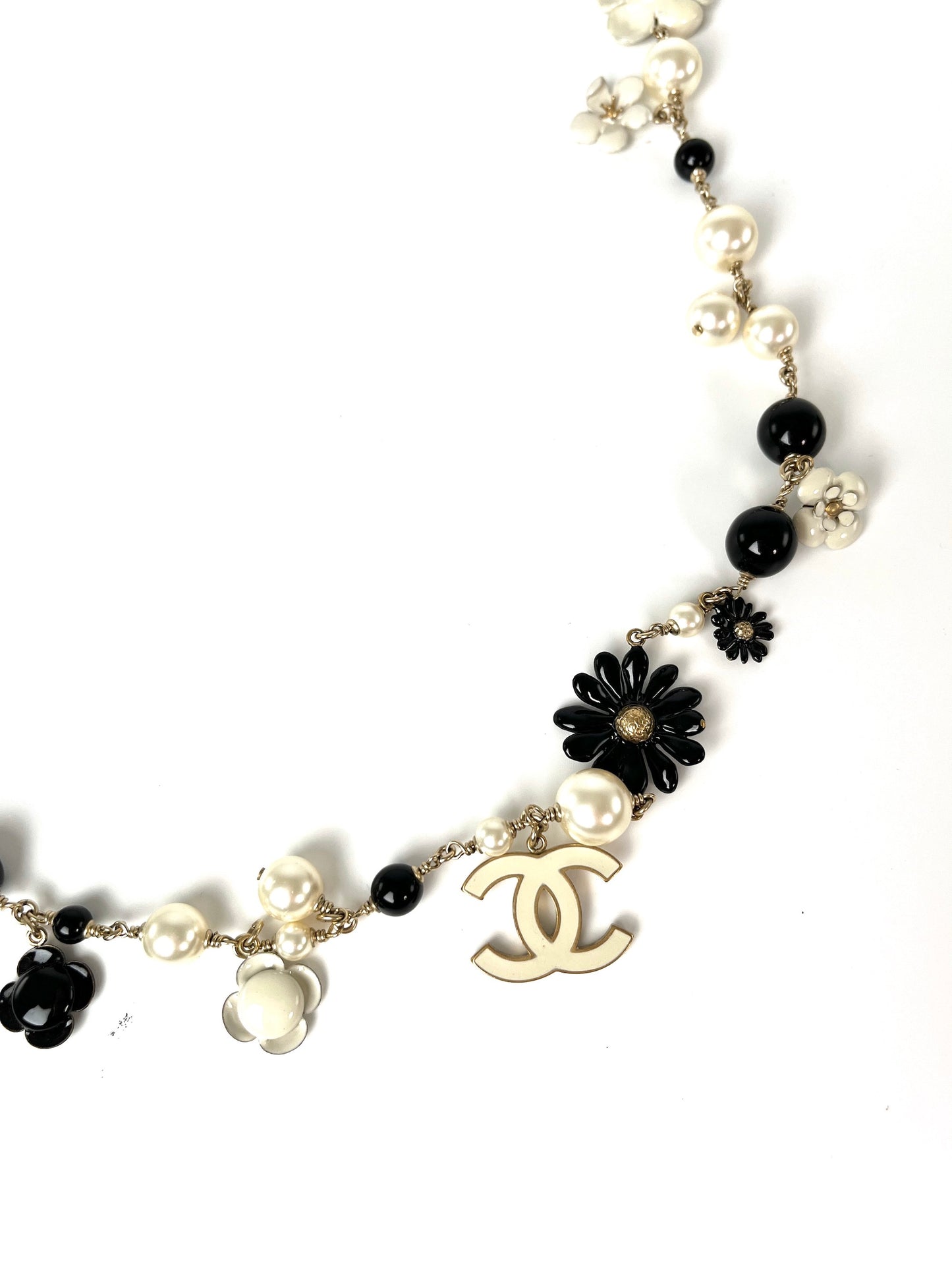 CHANEL Faux Pearl CC Black White Flower Station Long Necklace