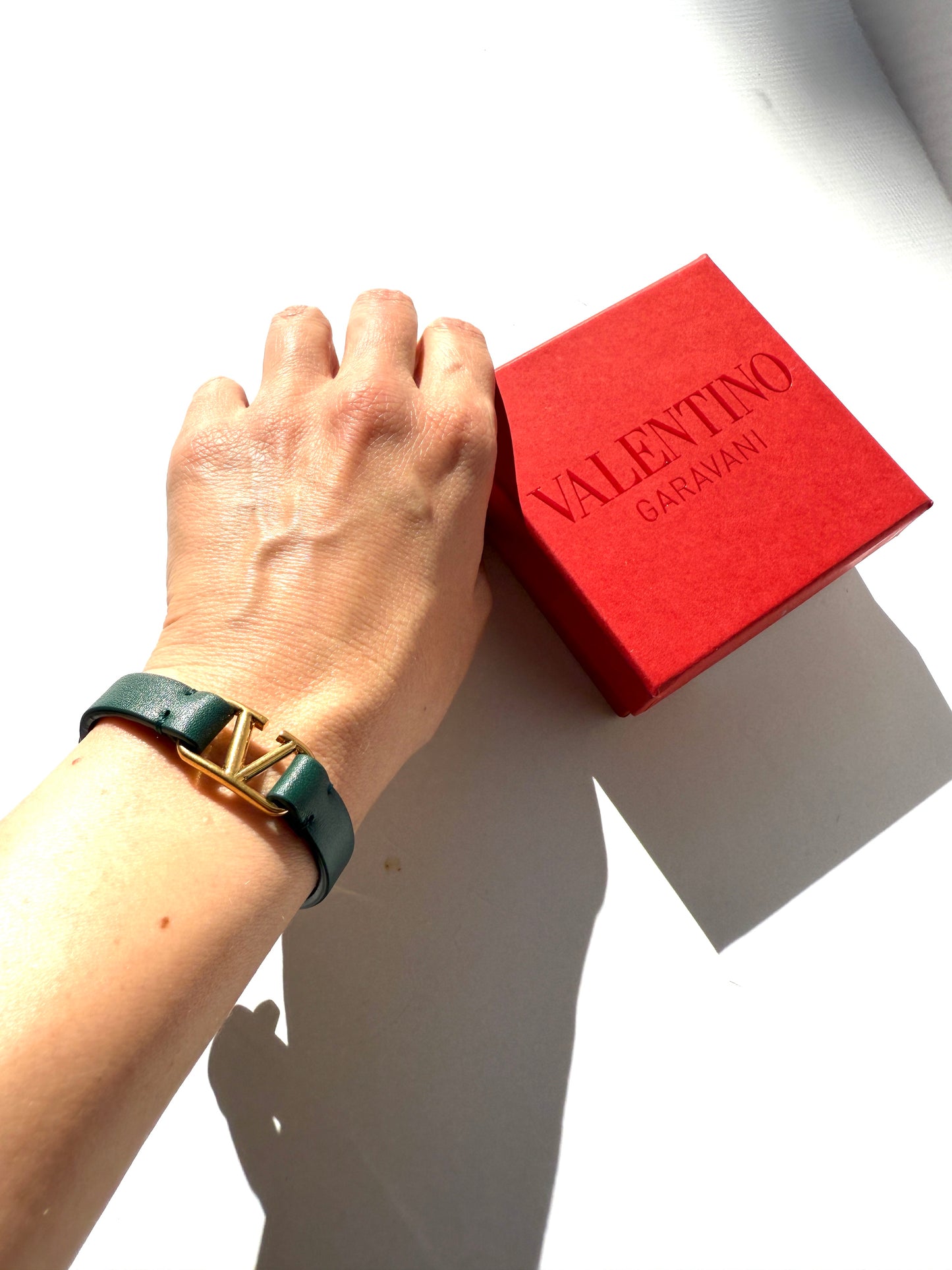 VALENTINO Leather Logo Wrap Green Gold Hardware Bracelet 
