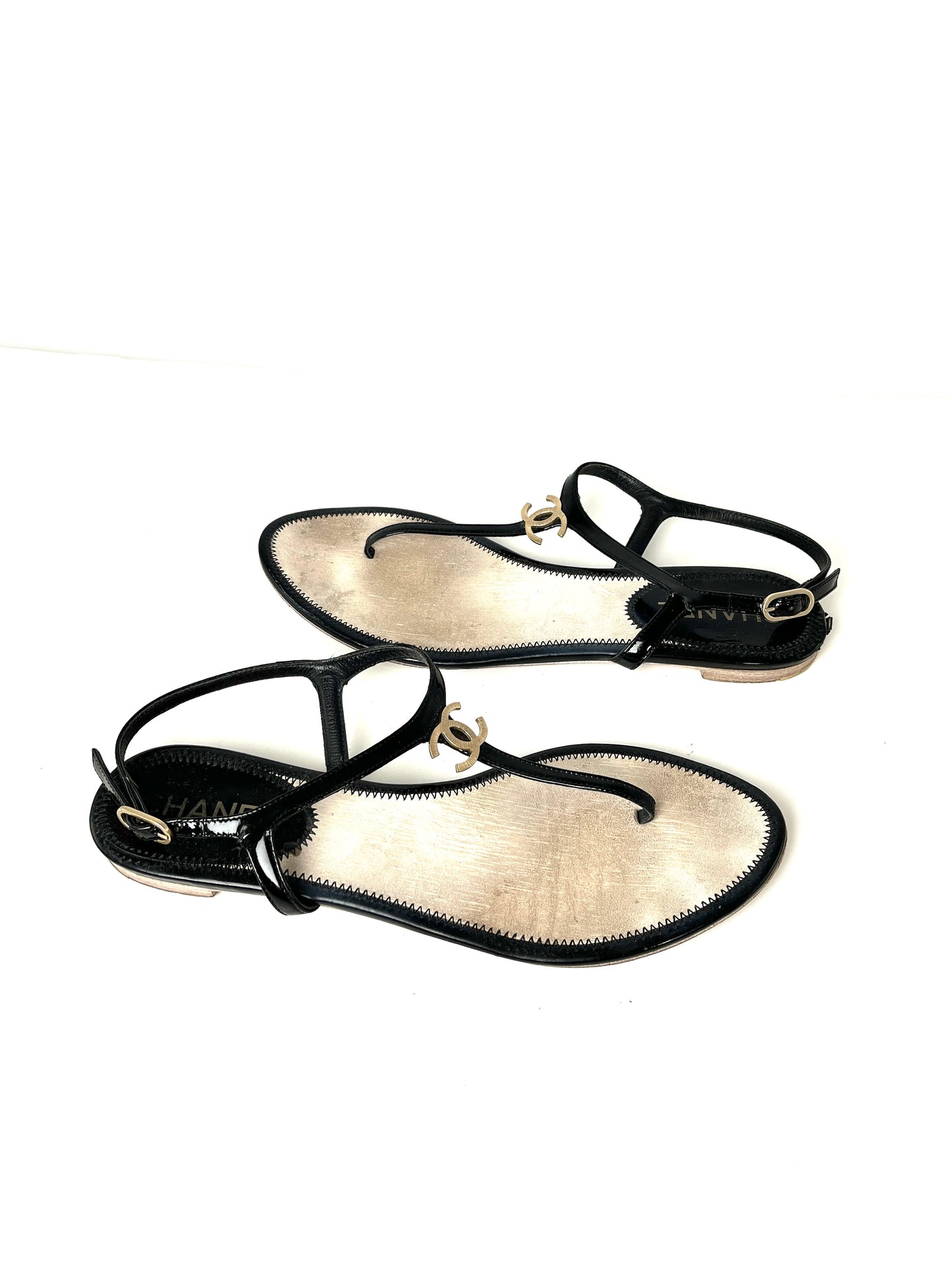 CHANEL Black CC Logo Patent Leather T Strap Sandals 41.5C 10.5