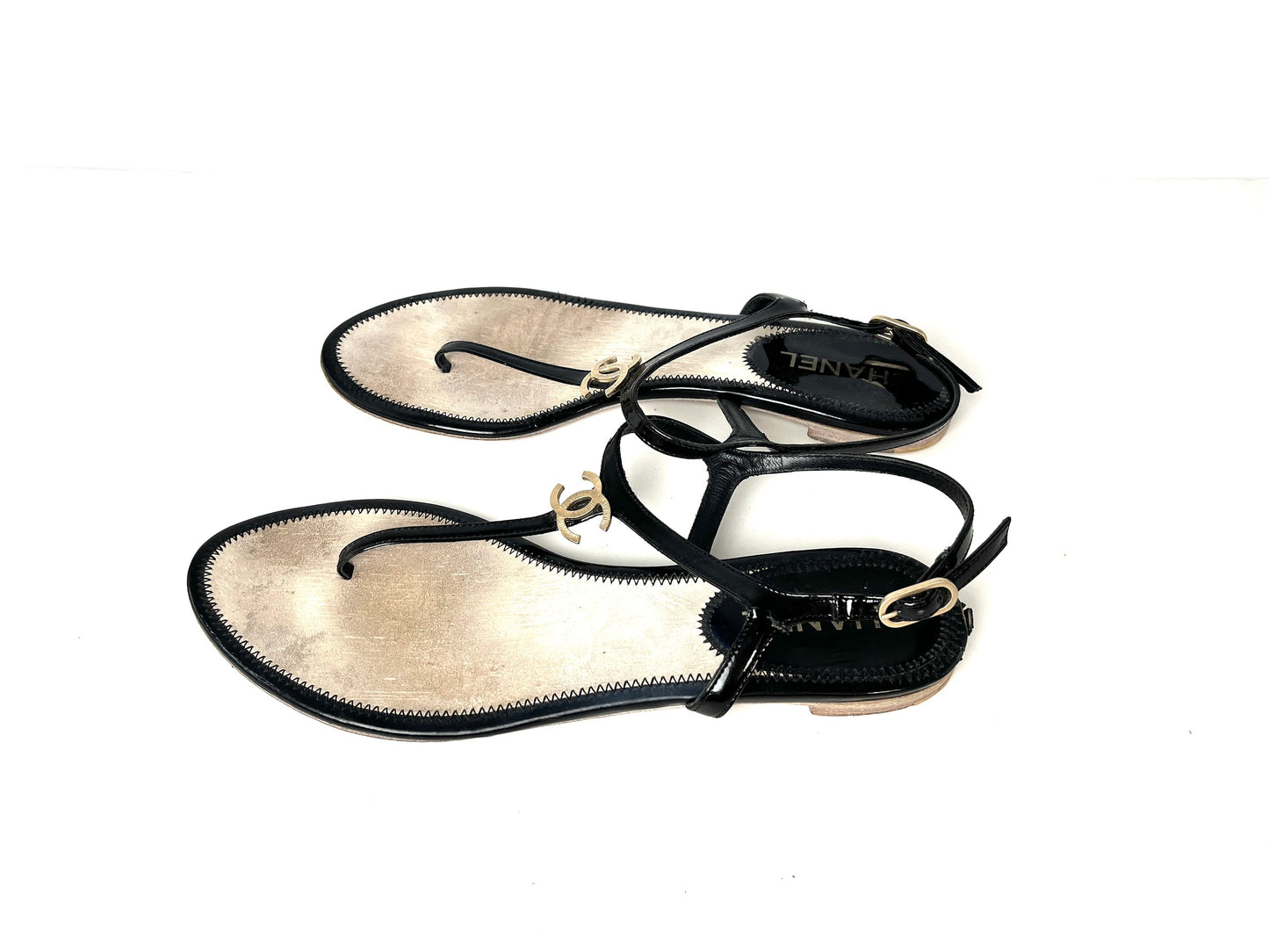 CHANEL Black CC Logo Patent Leather T Strap Sandals 41.5C 10.5