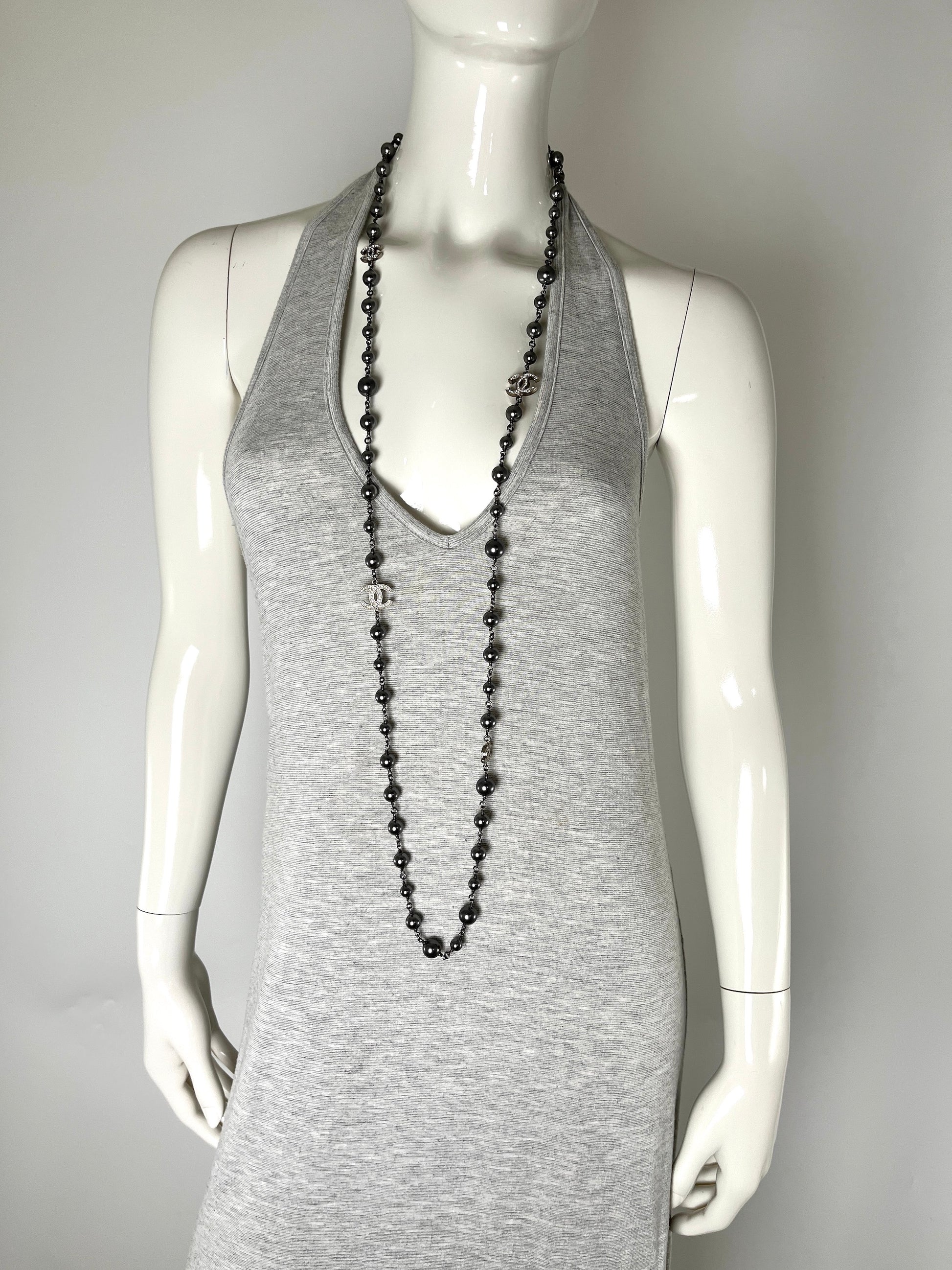 CHANEL Gray Faux Pearl Strass CC Station Long Necklace