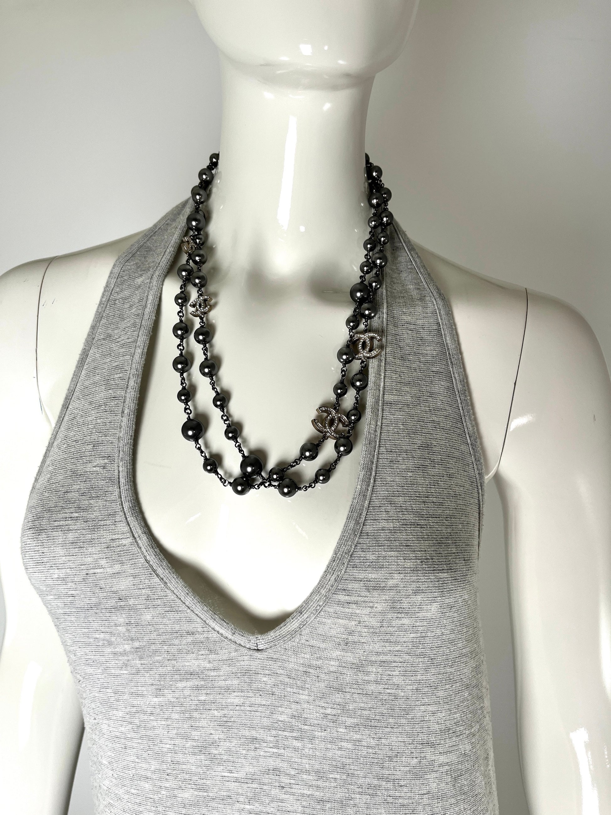 CHANEL Gray Faux Pearl Strass CC Station Long Necklace