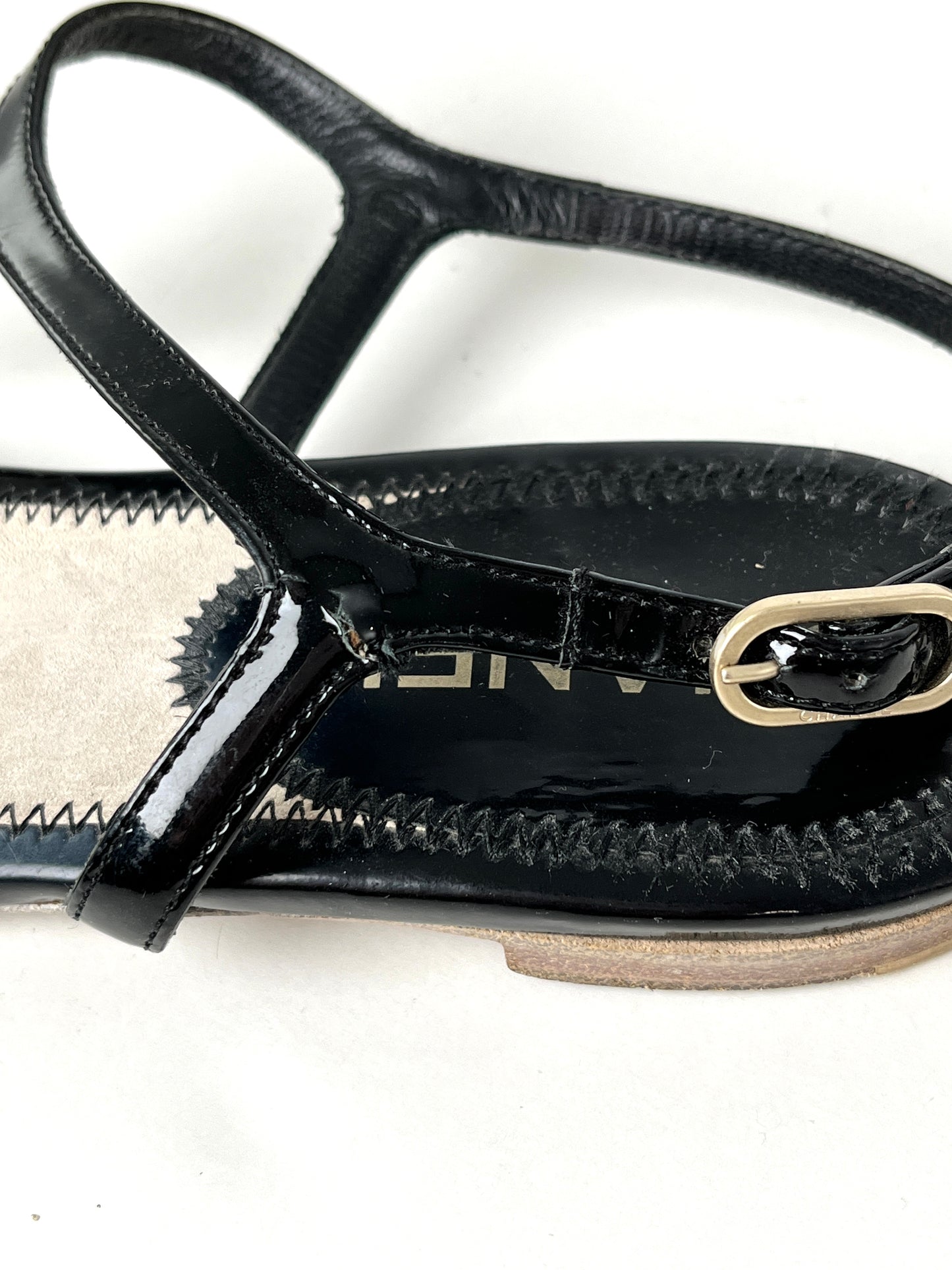 CHANEL Black CC Logo Patent Leather T Strap Sandals 41.5C 10.5