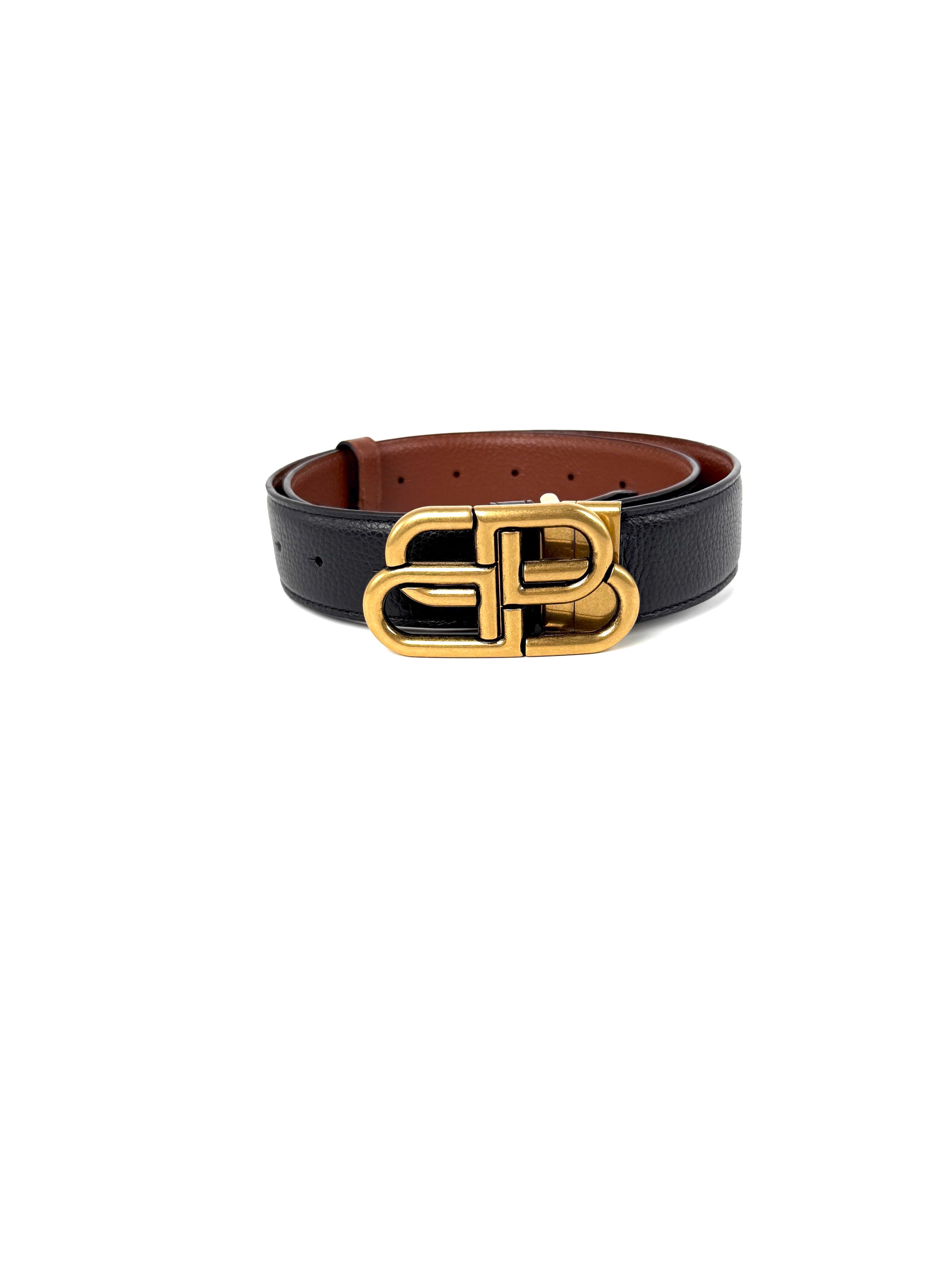 BALENCIAGA Black Brown Reversible BB Logo Leather Belt 85 34