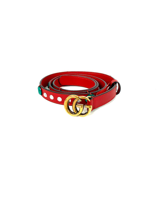 GUCCI GG Red Crystal Embellished Skinny Leather Belt 100 40
