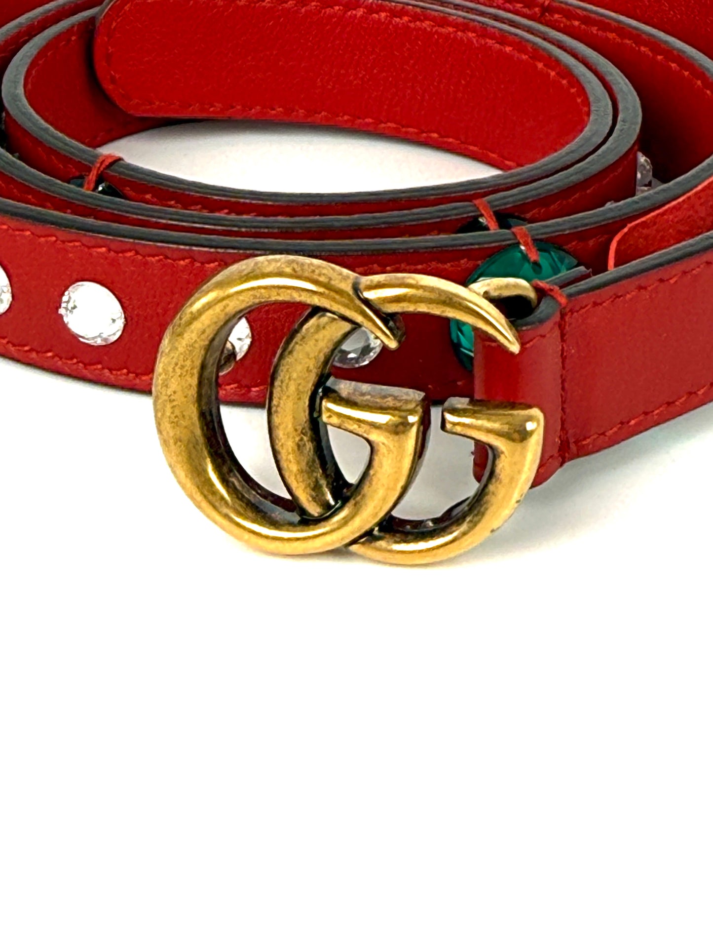GUCCI GG Red Crystal Embellished Skinny Leather Belt 100 40