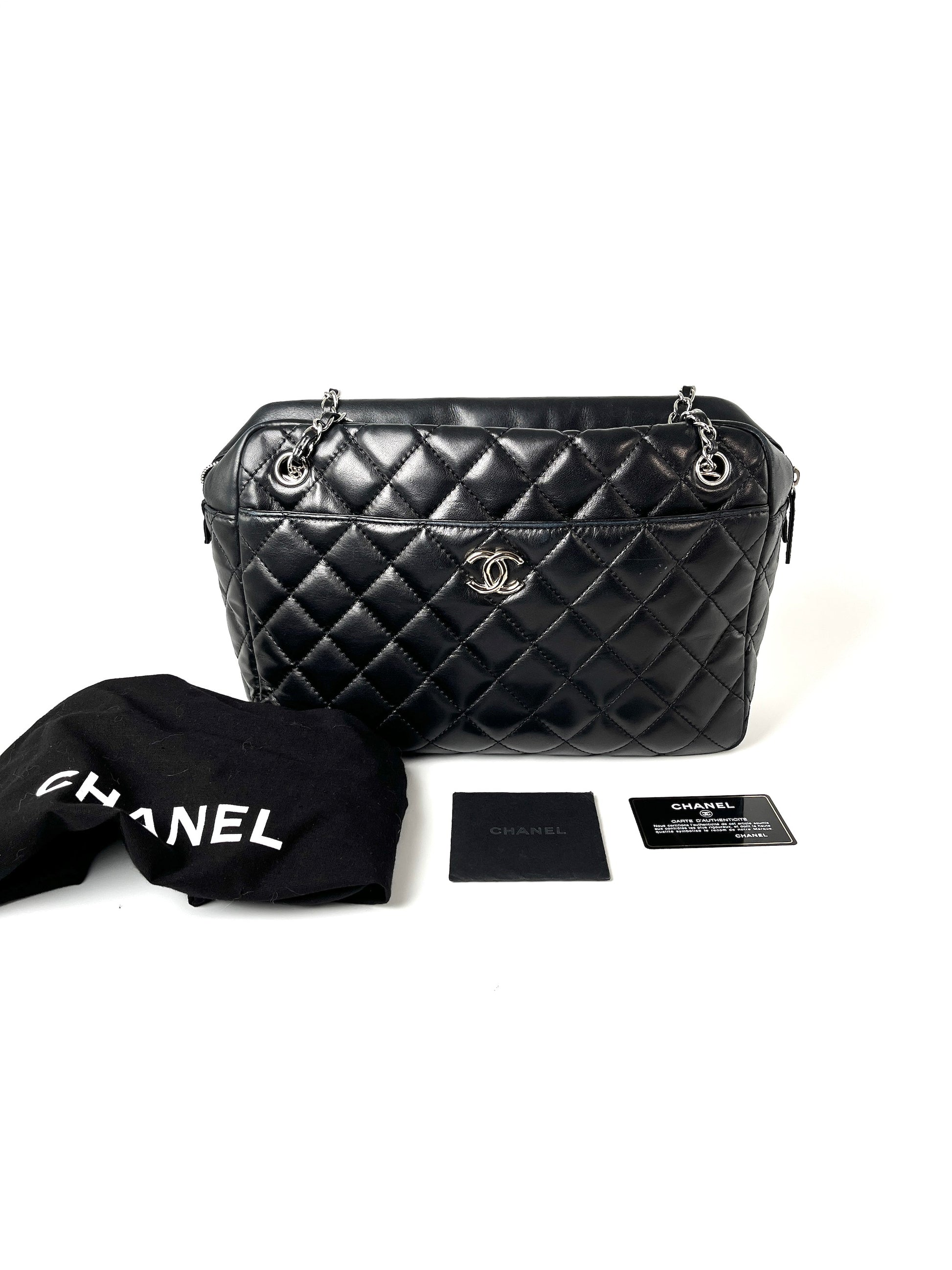 CHANEL Black Quilted Camera Case Jumbo Leather Tote Bag Designer Diaper Bag Work Tote Designer Tote for less What to wear to work