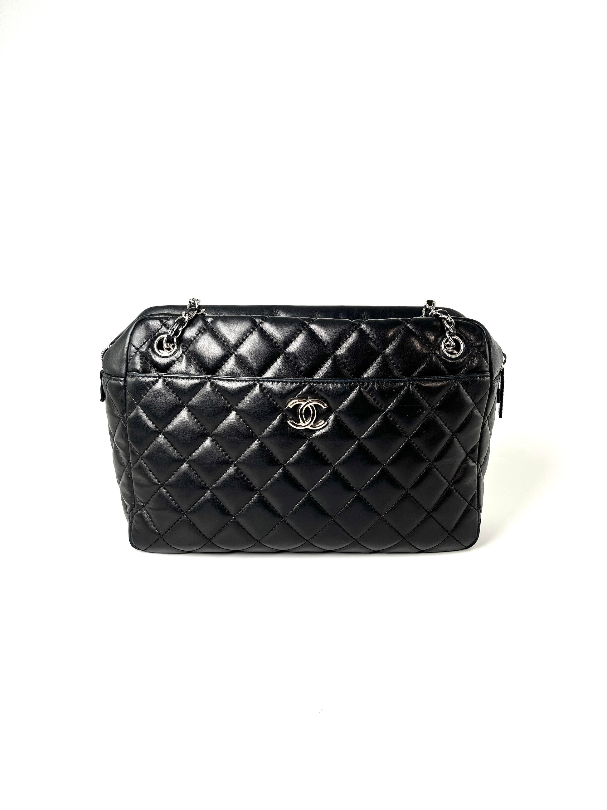 CHANEL Black Quilted Camera Case Jumbo Leather Tote Bag