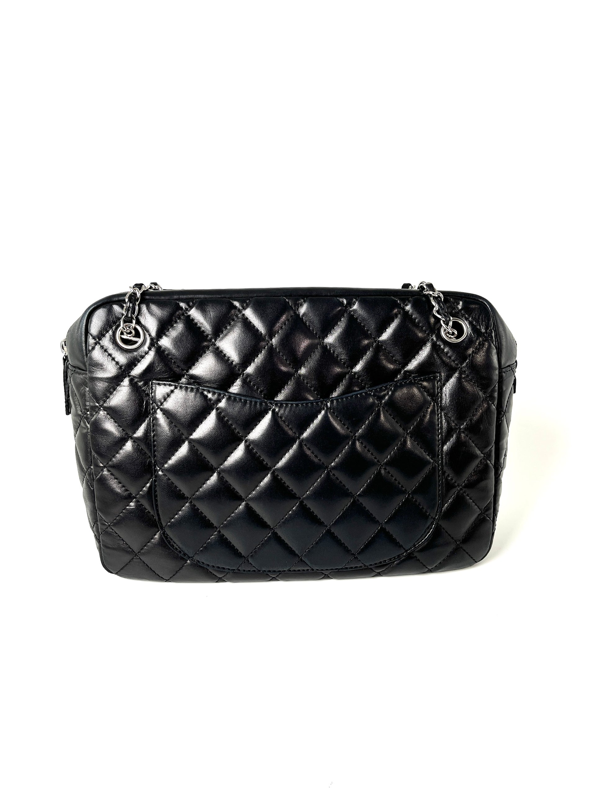 CHANEL Black Quilted Camera Case Jumbo Leather Tote Bag