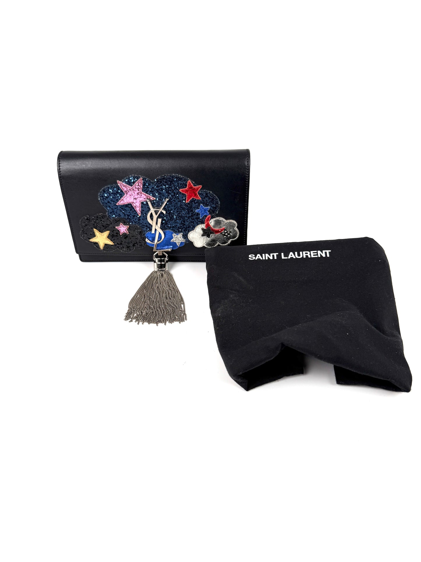 SAINT LAURENT Cloud Star Glitter YSL Monogram Kate Tassel Chain Crossbody Clutch Wallet on Chain Bag 
