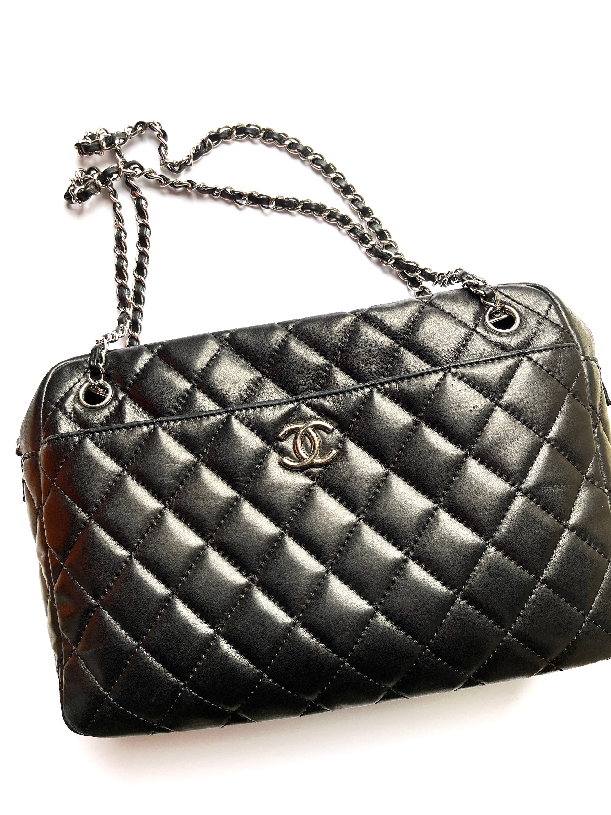 CHANEL Black Quilted Camera Case Jumbo Leather Tote Bag