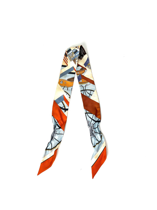 Hermes Springs Springs Blue Orange Print Silk Twilly Scarf 