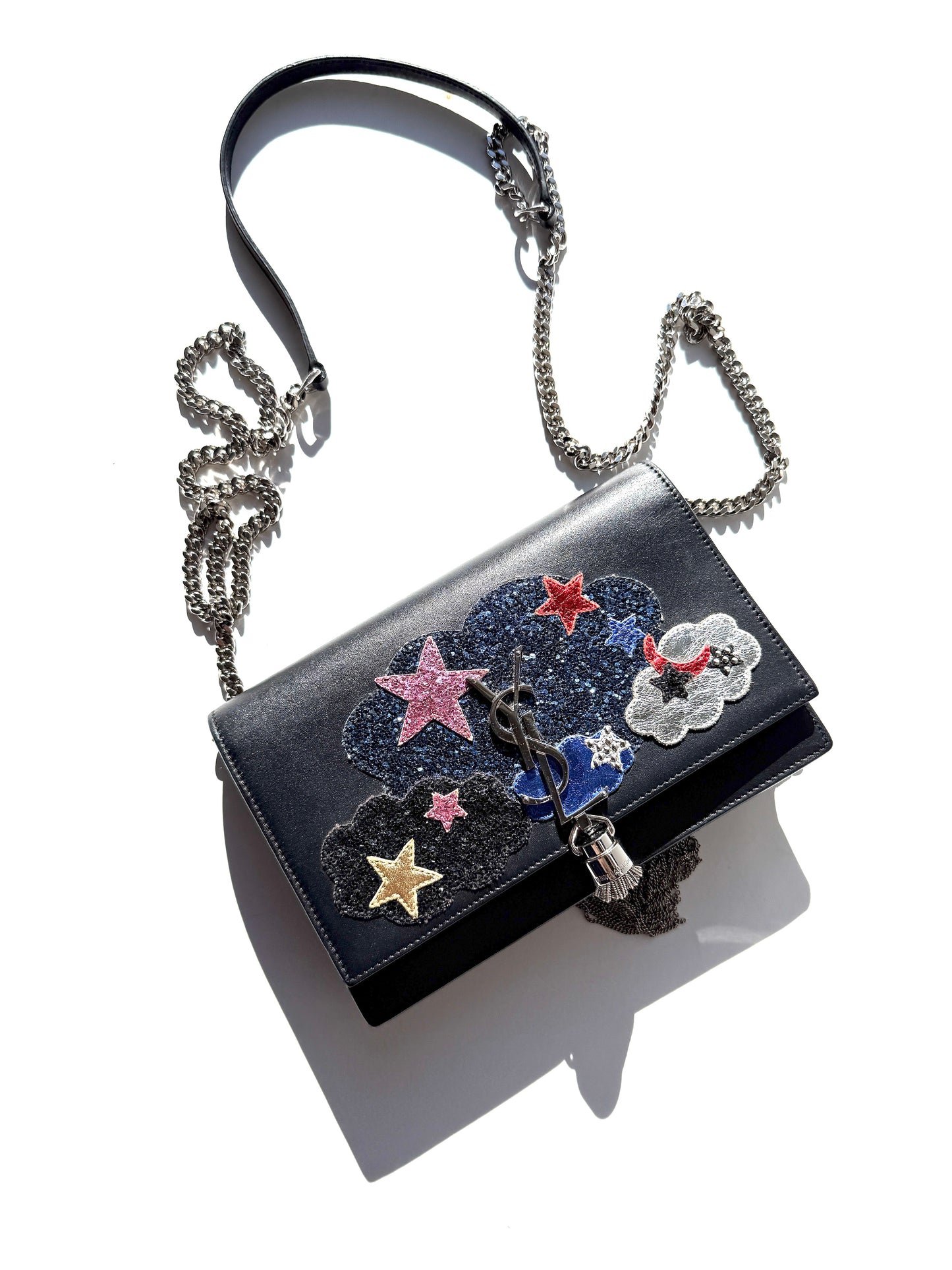 SAINT LAURENT Cloud Star Glitter YSL Monogram Kate Tassel Chain Crossbody Clutch Wallet on Chain Bag 
