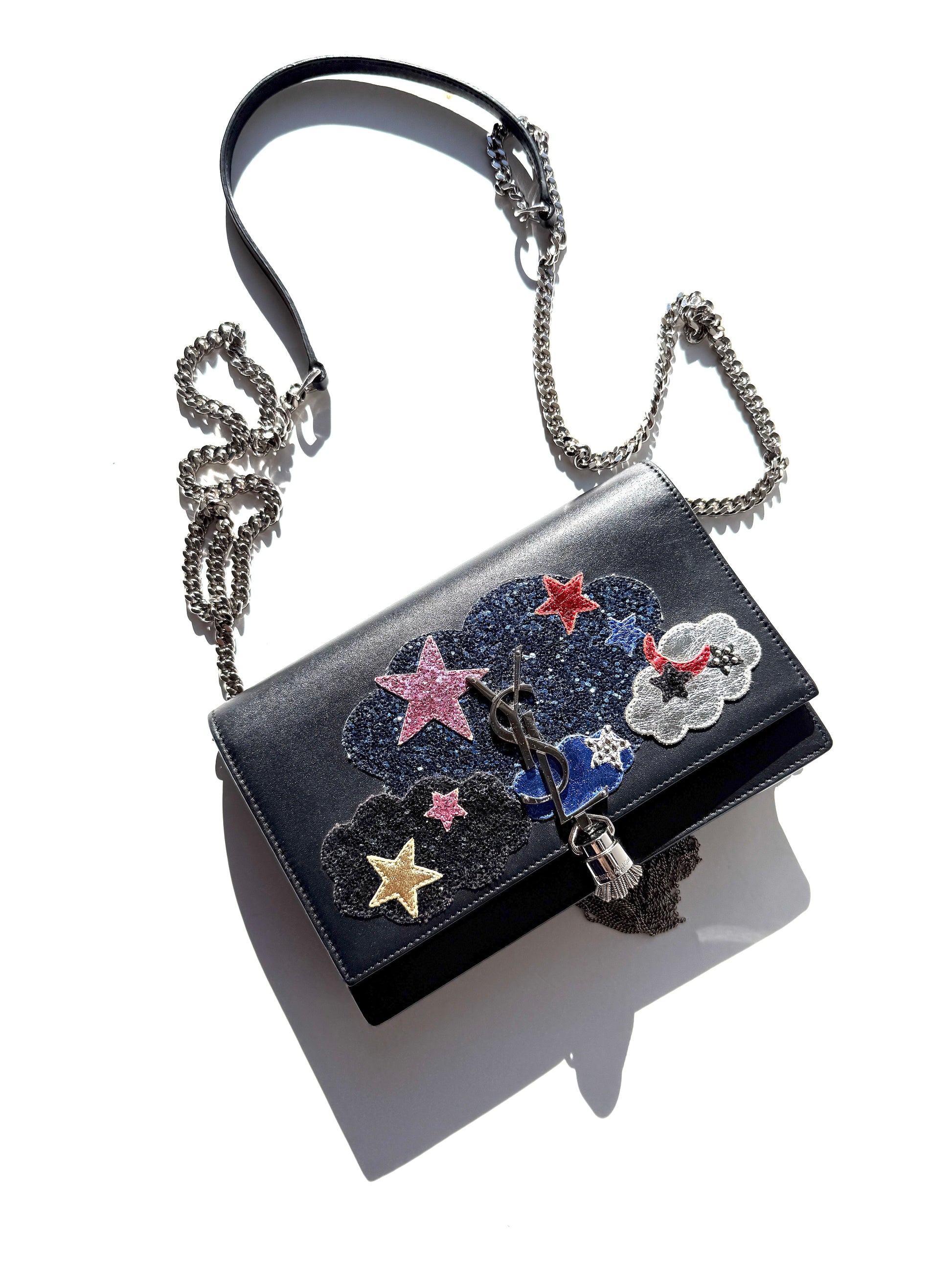 SAINT LAURENT Cloud Star Glitter YSL Monogram Kate Tassel Chain Crossbody Clutch Wallet on Chain Bag 