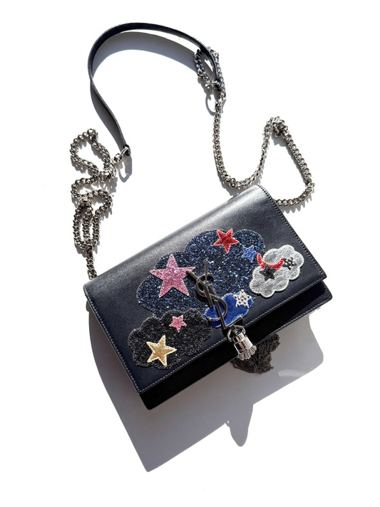 SAINT LAURENT Cloud Star Glitter YSL Monogram Kate Tassel Chain Crossbody Clutch Wallet on Chain Bag 