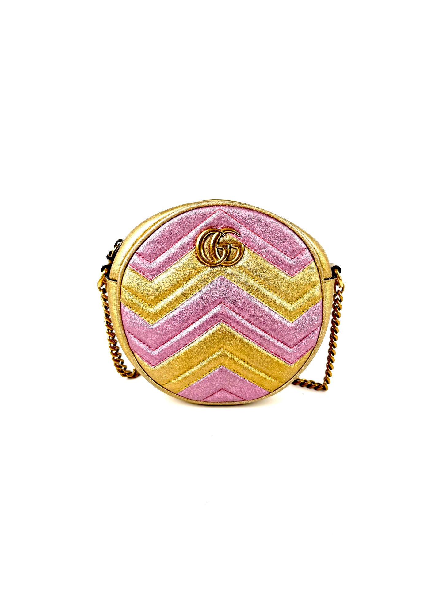 GUCCI Marmont Gold Pink Metallic Circle Crossbody Chain Bag