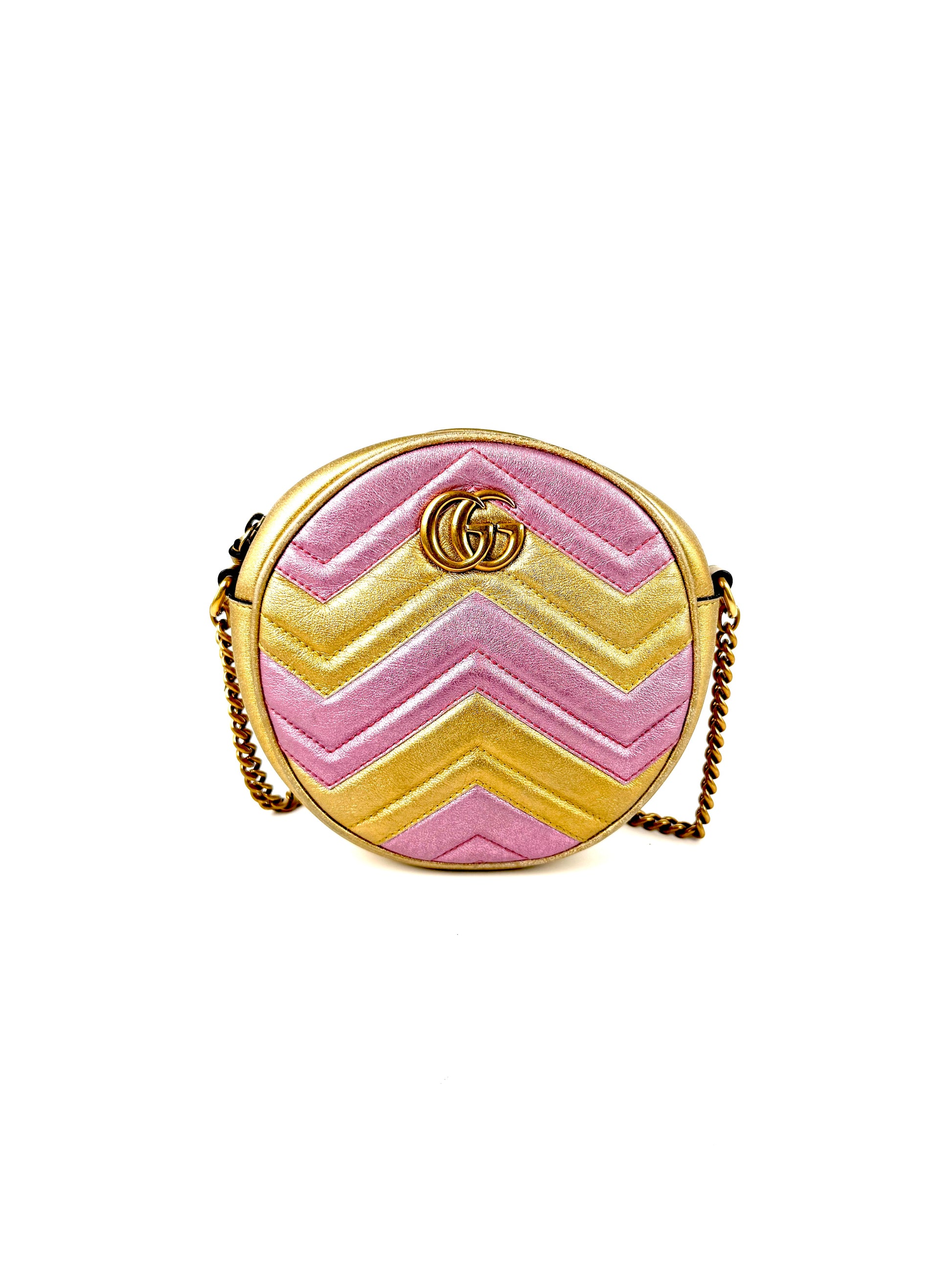 GUCCI Marmont Gold Pink Metallic Circle Crossbody Chain Bag