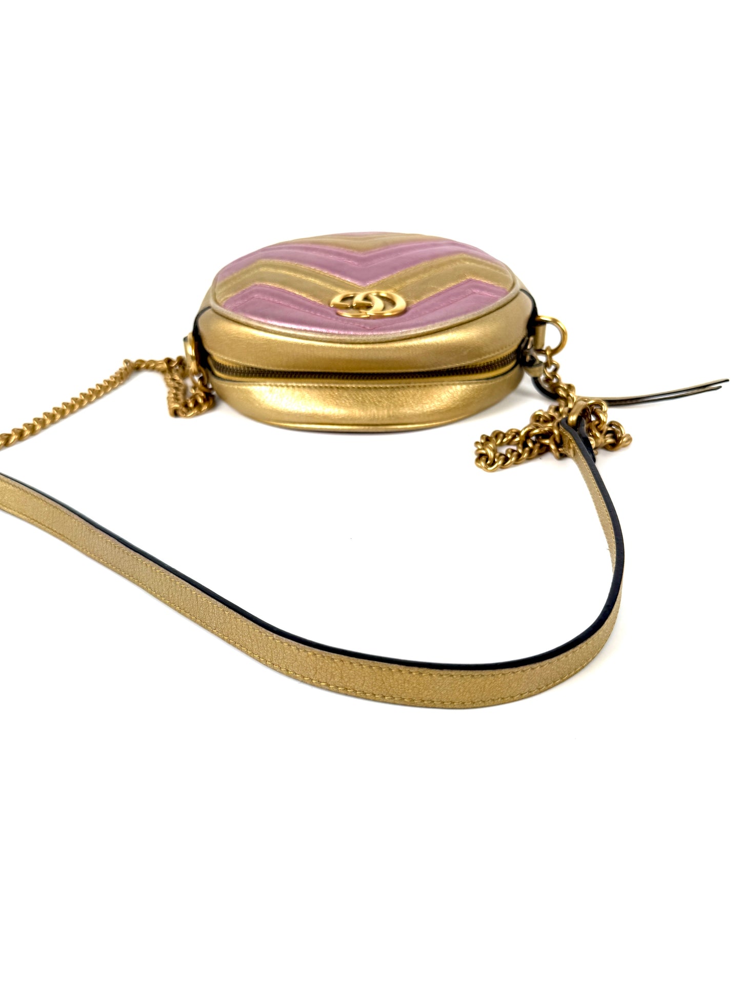 GUCCI Marmont Gold Pink Metallic Circle Crossbody Chain Bag