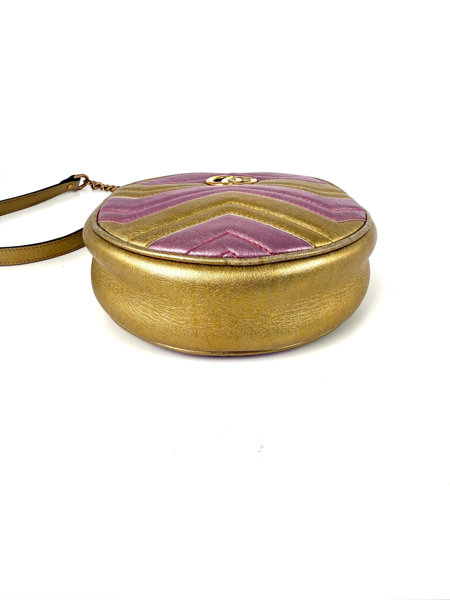 GUCCI Marmont Gold Pink Metallic Circle Crossbody Chain Bag