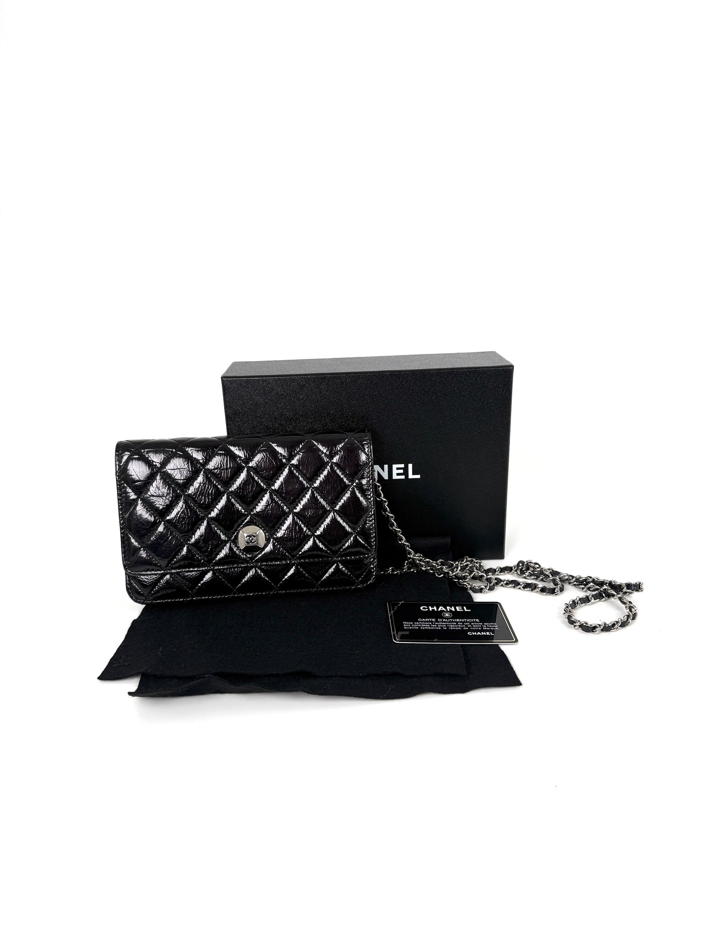 CHANEL Black Glazed Wallet on Chain Crossbody WOC Bag Luxury Consignment