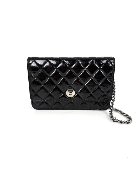 CHANEL Black Glazed Wallet on Chain Crossbody WOC Bag