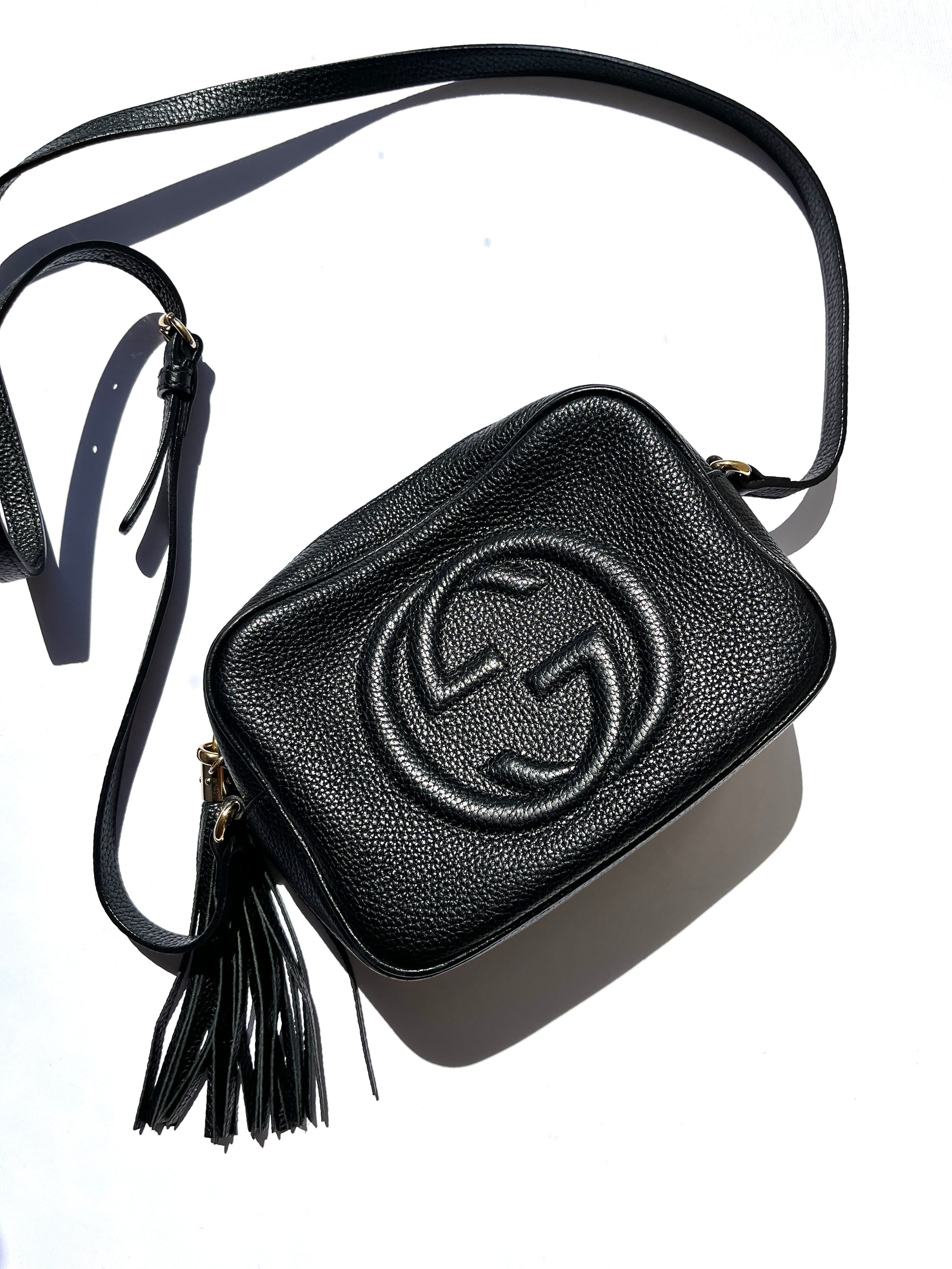 GUCCI GG Soho Disco Black Leather Camera Crossbody Bag