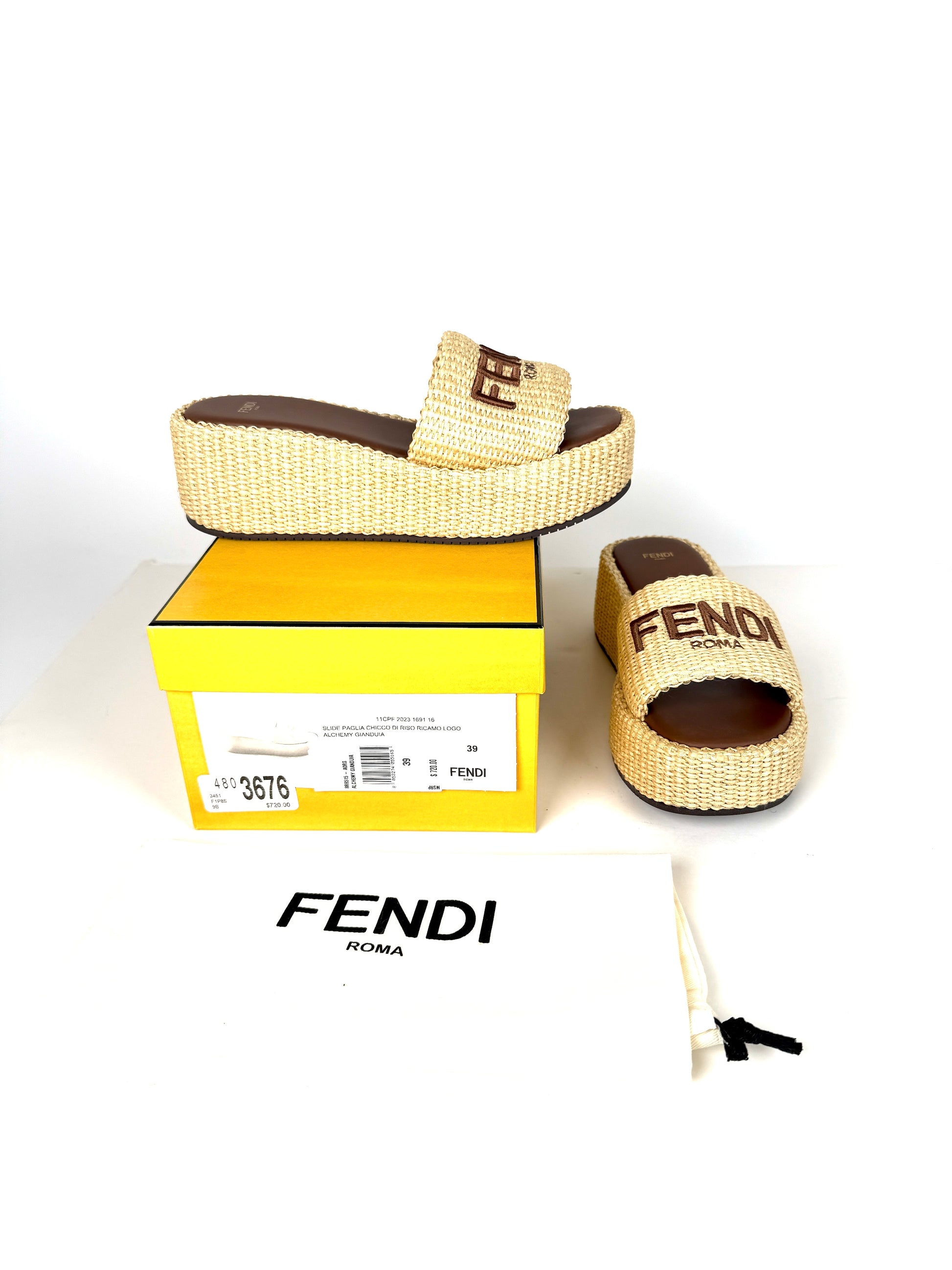 FENDI Raffia Sunshine Platform Slide Sandals 39 9