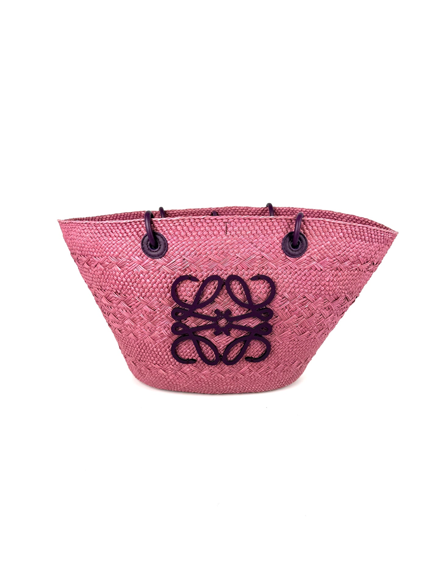 LOEWE Anagram Basket Medium Iraca Palm Leather Purple Pink Tote Bag 
