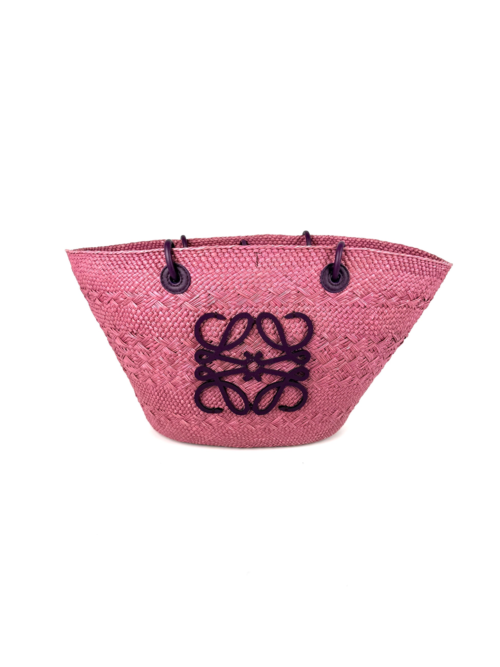 LOEWE Anagram Basket Medium Iraca Palm Leather Purple Pink Tote Bag 