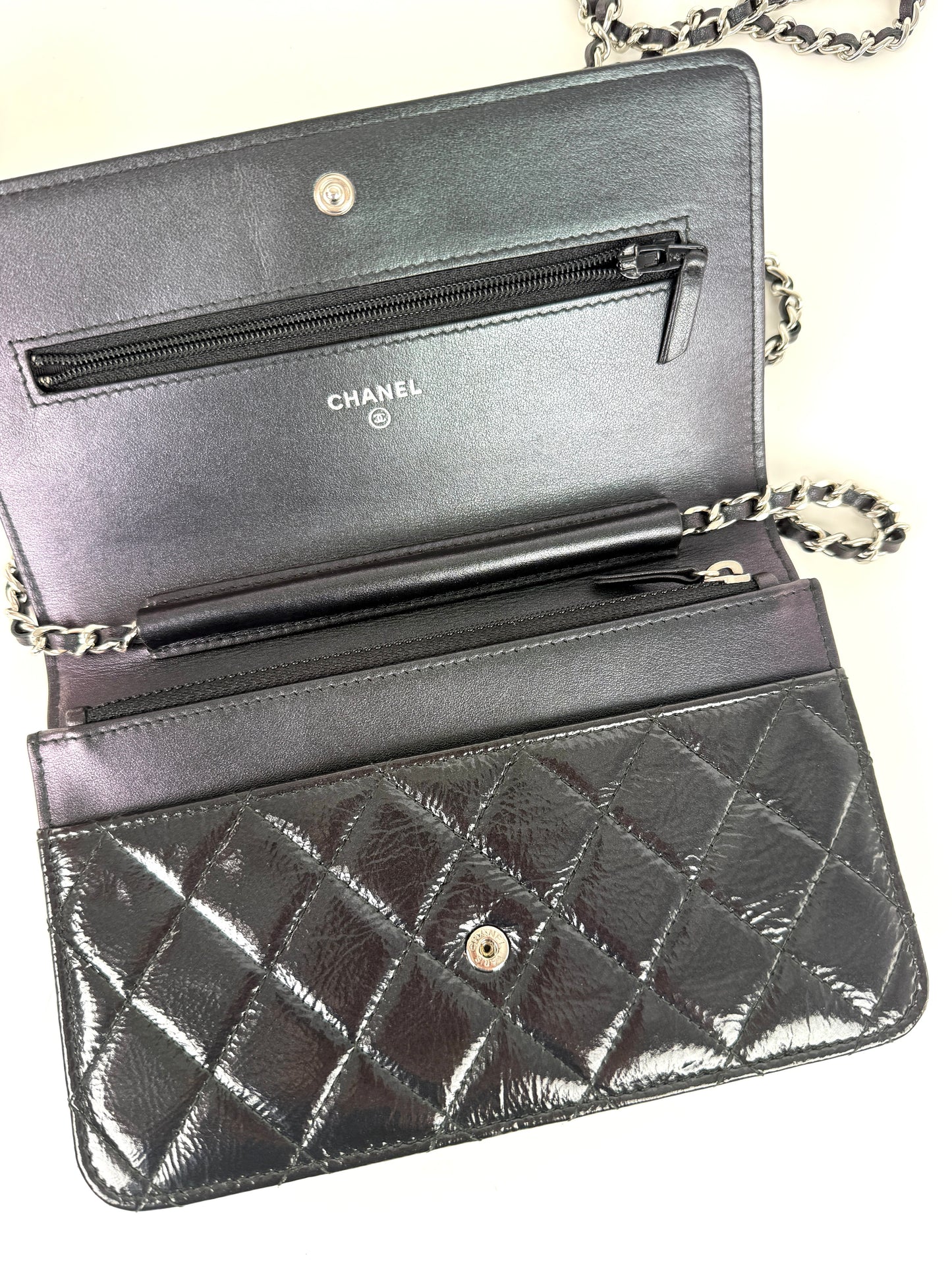 CHANEL Black Glazed Wallet on Chain Crossbody WOC Bag