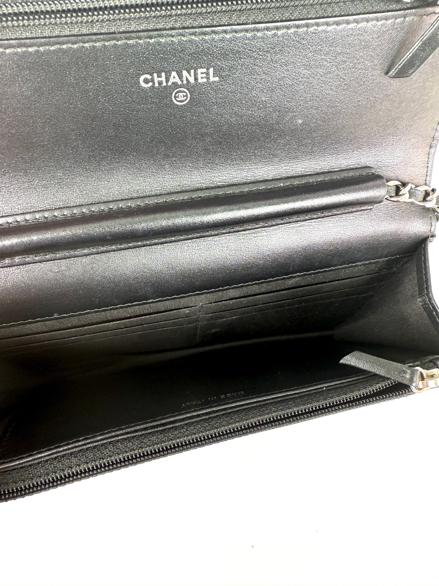 CHANEL Black Glazed Wallet on Chain Crossbody WOC Bag