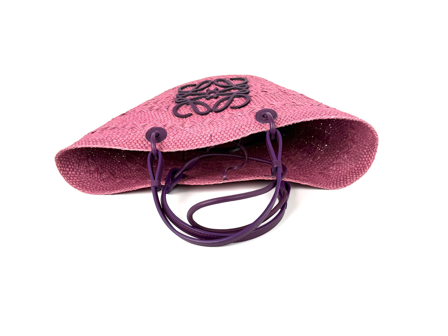 LOEWE Anagram Basket Medium Iraca Palm Leather Purple Pink Tote Bag